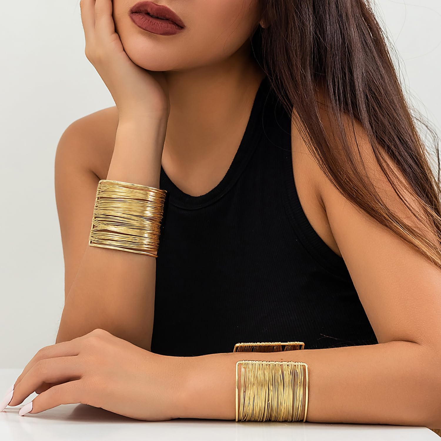 RIOSO 2 Pack Adjustable Gold Wire Cuff Bangle Bracelets for Women - Open Wide Wrap Wrist Cuff Bracelet Set for Party, Wedding & Everyday Fashion Accessories