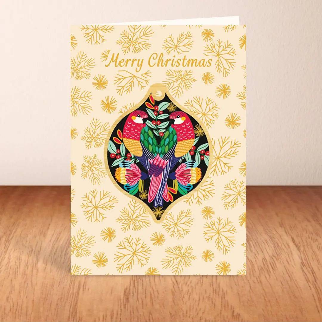 Rosella Birds Christmas Card & Wooden Ornament - Festive Holiday Greeting Card with Handcrafted Wooden Bauble for Christmas Tree Decorations & Gift Giving