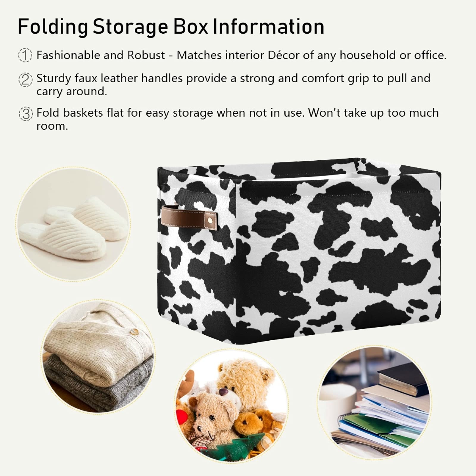 Collapsible Cow Print Storage Bins & Baskets - 2 Pack Rectangle Storage Box with Handles for Nursery, Closet, Bedroom & Office Organization | Perfect for Kids' Toys, Blankets & Home Decor
