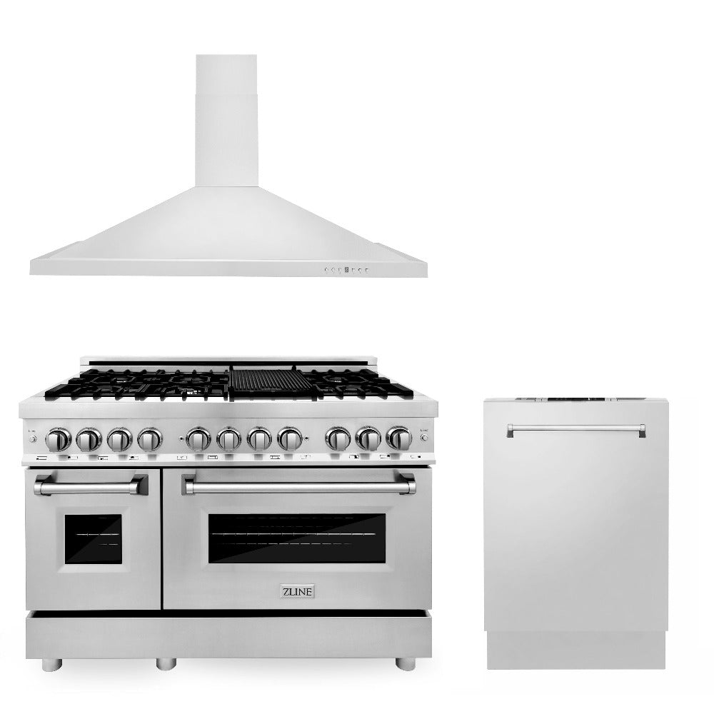 ZLINE 48-inch Stainless Steel Dual Fuel Range Kitchen Package with Convertible Range Hood & Dishwasher (3KP RARH48 DW) - Perfect for Modern Home Chefs & Open Concept Kitchens