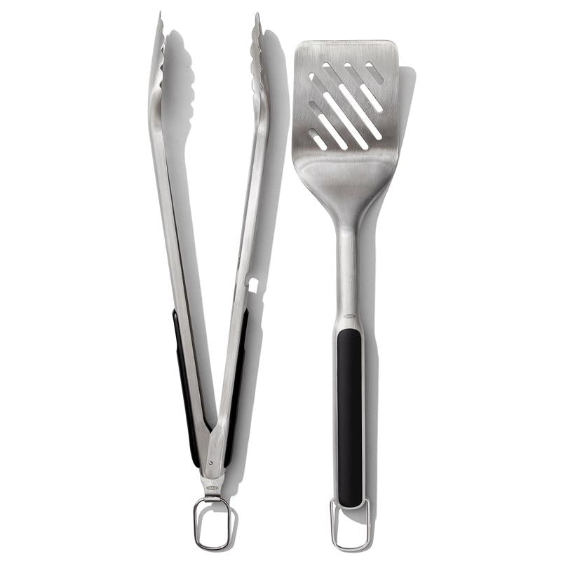 OXO 2-Piece Stainless Steel BBQ Grill Tool Set with Heat-Resistant Turner & Tongs - Perfect for Outdoor Grilling, Backyard BBQs, and Camping Cookouts