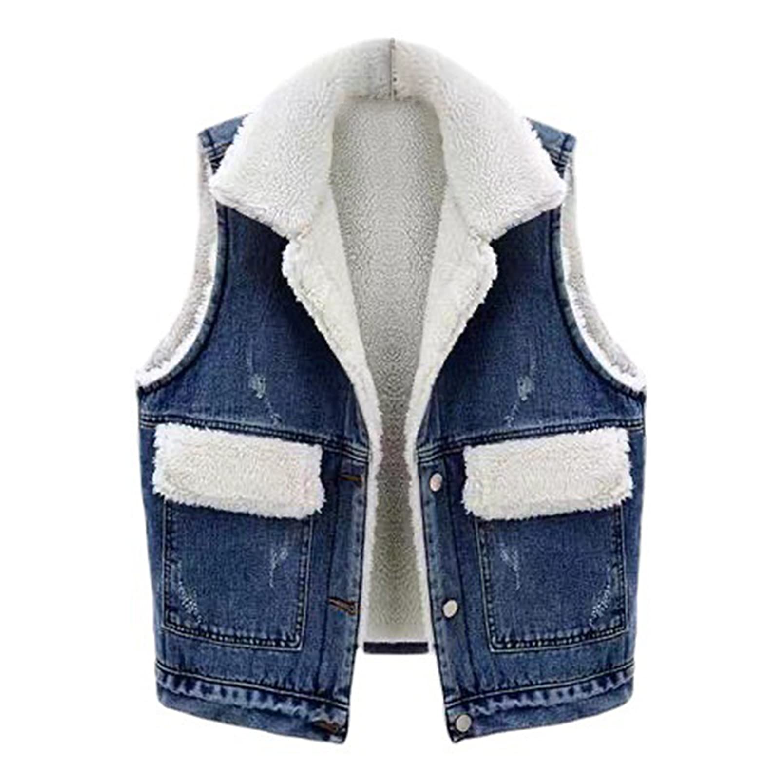 JENPECH Women's Fleece Lined Denim Jacket - Oversized Distressed Sleeveless Jean Vest with Pockets | Warm Winter Fashion for Casual Outfits & Layering