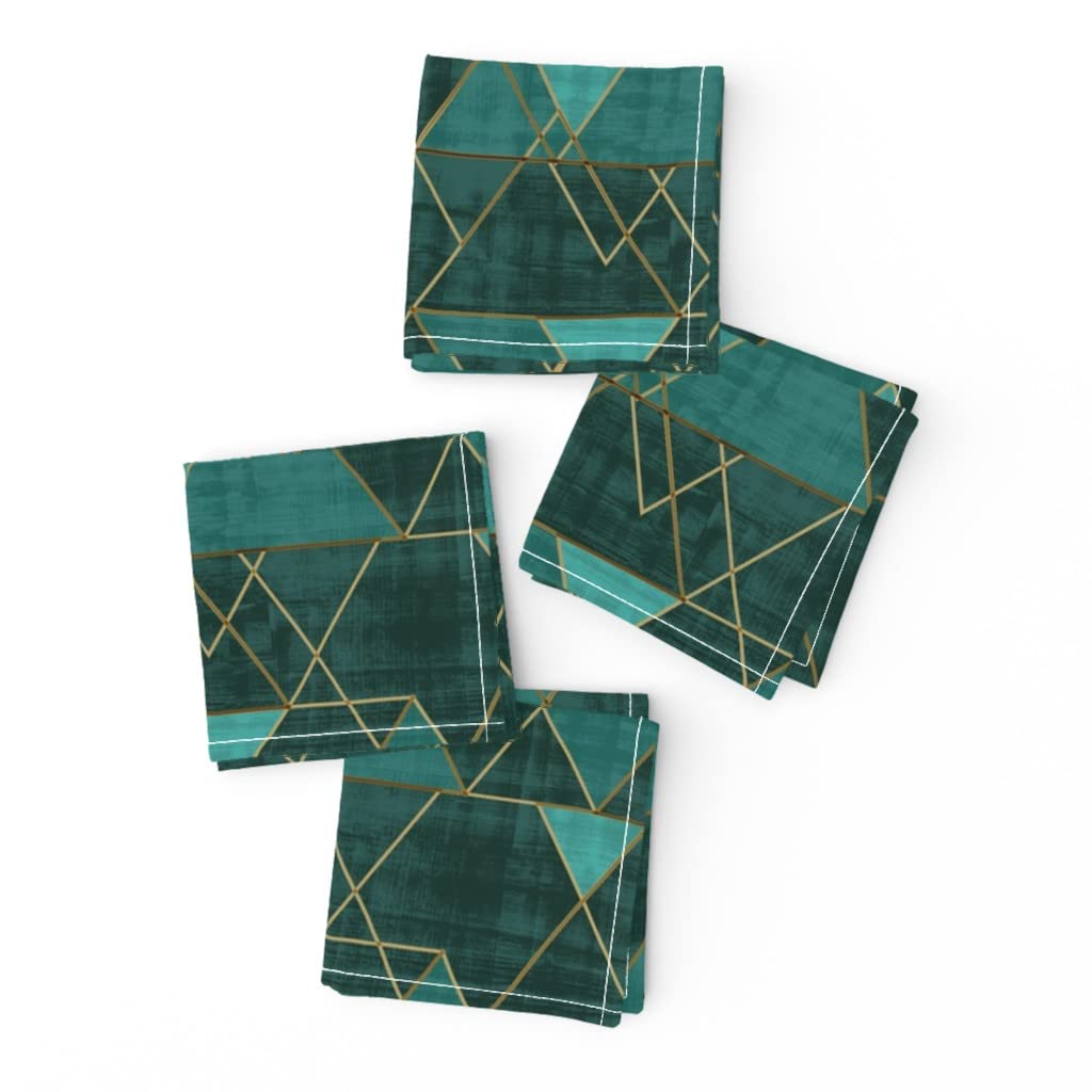 Mod Triangle Geometric Print Linen Cotton Cocktail Napkins Set of 4 - Emerald Green & Teal Abstract Design with Gold Accents | Perfect for Parties, Weddings & Home Decor