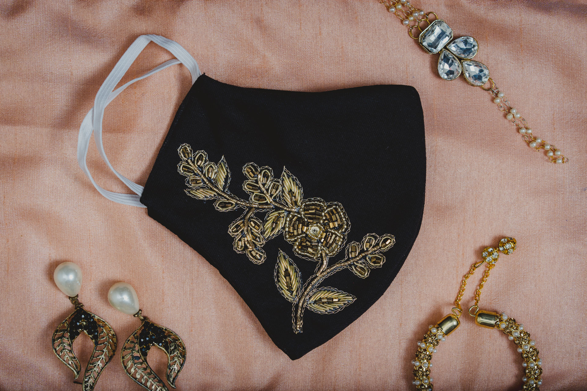 Black Cotton Face Mask with Petal Embroidery Design - Breathable & Comfortable for Daily Wear, Outdoor Activities, and Travel Protection