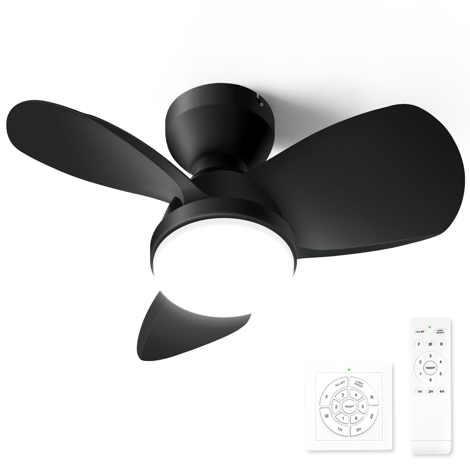 OKELI 24 Inch Small Ceiling Fan with Light - 6 Speed DC Motor, Dimmable, Noiseless, Reversible Blades, Timer - Indoor/Outdoor Use for Bedroom, Patio, Living Room, Office - Damp Rated, Black Finish
