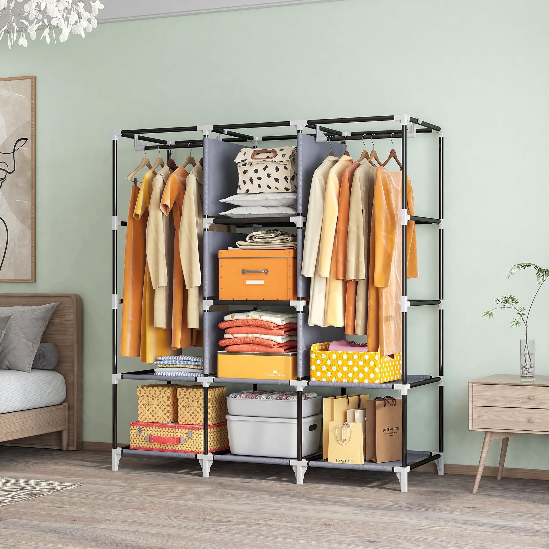53 Inch Portable Closet with 2 Hanging Rods & 8 Shelves - Non-Woven Fabric Wardrobe for Clothes Storage - Easy Assembly Grey - Perfect for Small Spaces, Dorm Rooms & Temporary Closet Solutions