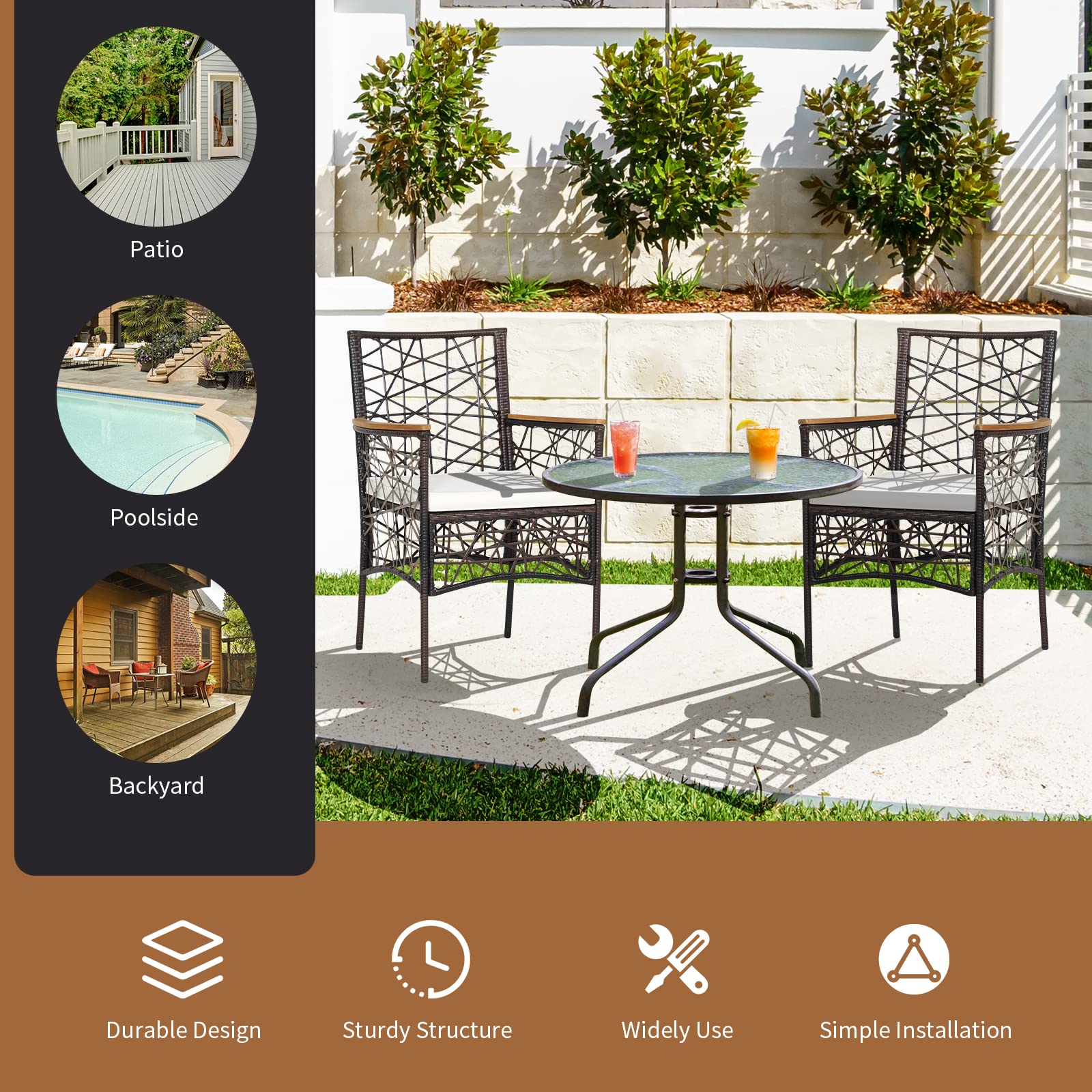 RELAX4LIFE 2-Piece PE Wicker Patio Chairs Set - Acacia Wood Armrests & Removable Cushions - Indoor Outdoor Dining Armchairs for Restaurant, Porch, Garden, Poolside, Backyard - Perfect for Al Fresco Dining and Outdoor Relaxation