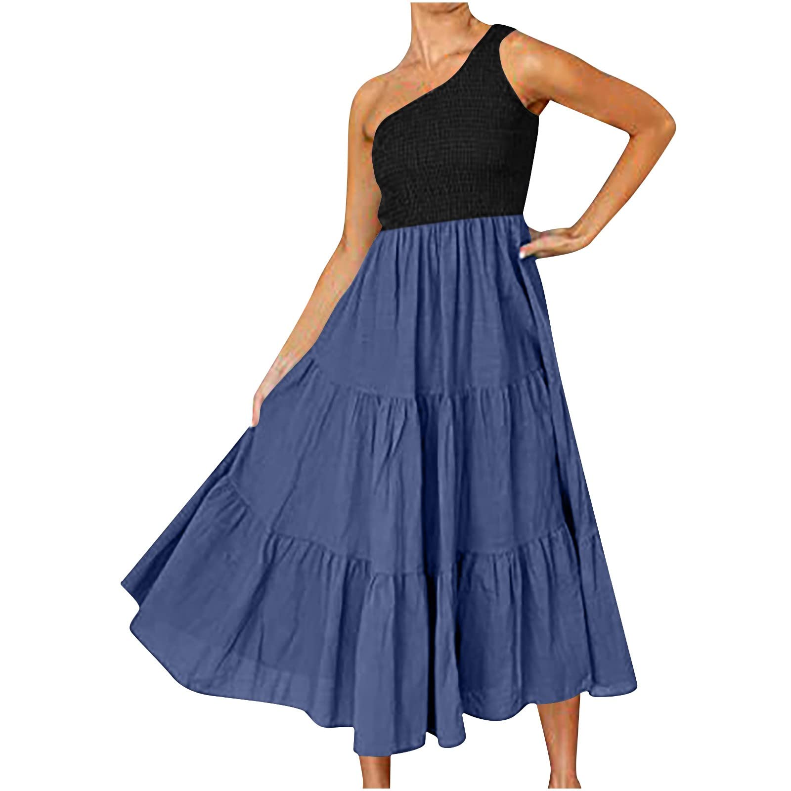 Kitimi Women's Summer Boho One Shoulder Sleeveless Ruffle Beach Dress - Flowy Tiered Midi Wrap Dress in Solid Green for Vacation, Party & Hawaiian Theme Outfits