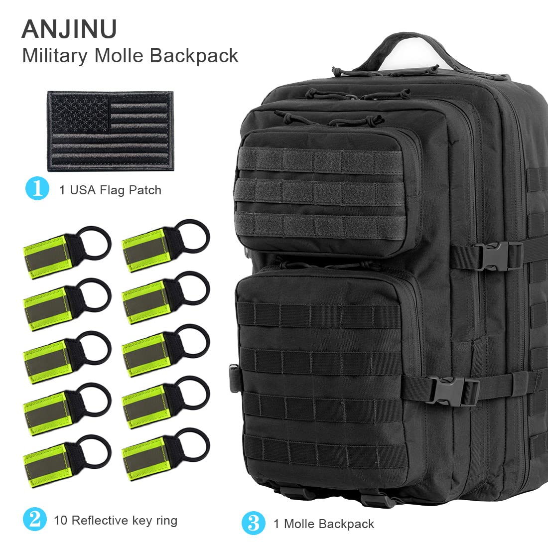 Tactical Backpack 42L - Military Molle Assault Pack for Outdoor, Hiking & Travel - Large Army 3-Day Black Backpack for Camping, Hunting & Survival Gear