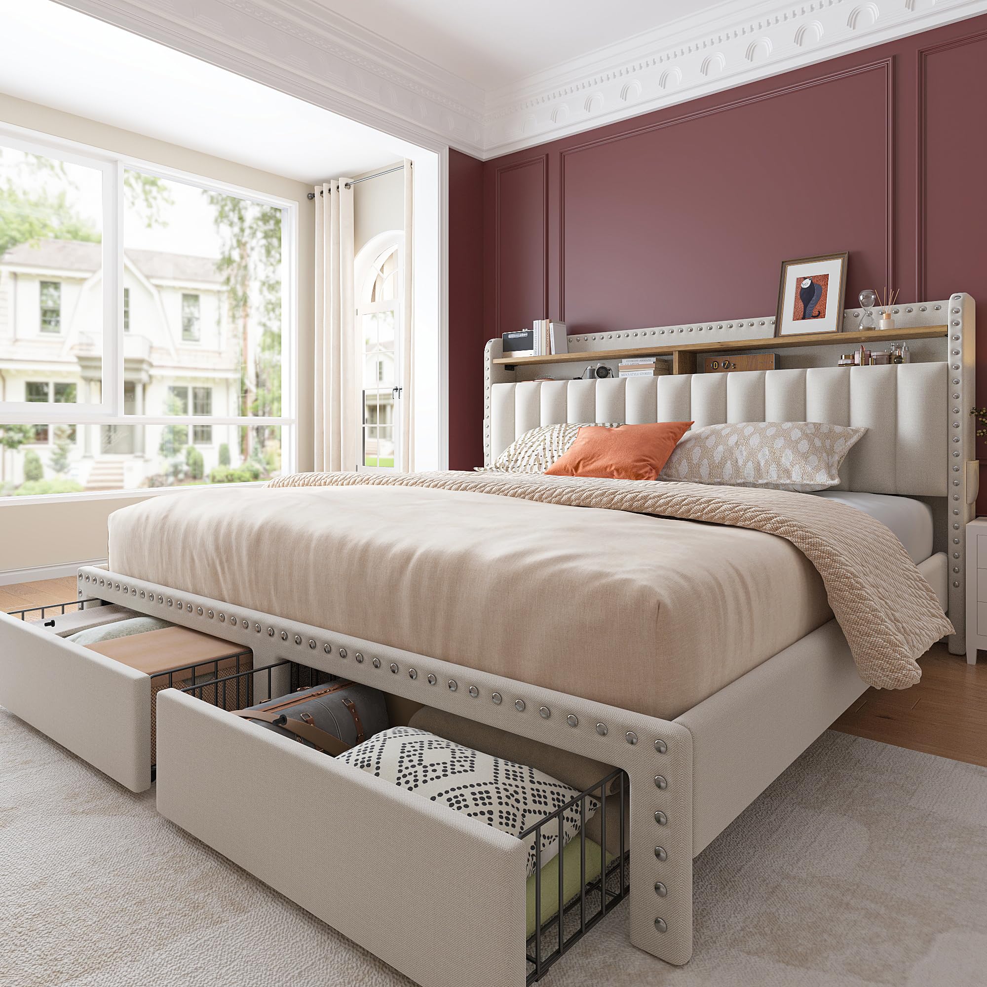 EnHomee Upholstered Queen Bed Frame with Headboard & Storage - 2 Drawers, No Noise, No Box Spring Needed - Perfect for Small Bedrooms, Guest Rooms & Modern Apartments
