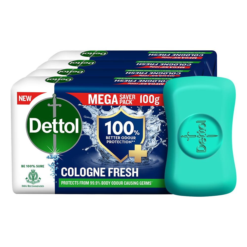 Dettol Cologne Fresh Bathing Soap Bar - 100g (Pack of 4) | 100% Better Odor Protection, Antibacterial & Refreshing | Ideal for Gym, Travel & Daily Hygiene