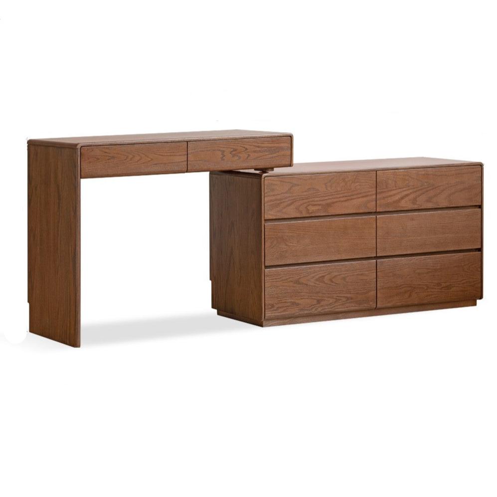 Vintage Oak Solid Wood Extendable Dressing Table - Elegant Vanity Desk with Mirror for Bedroom, Makeup & Beauty Organization