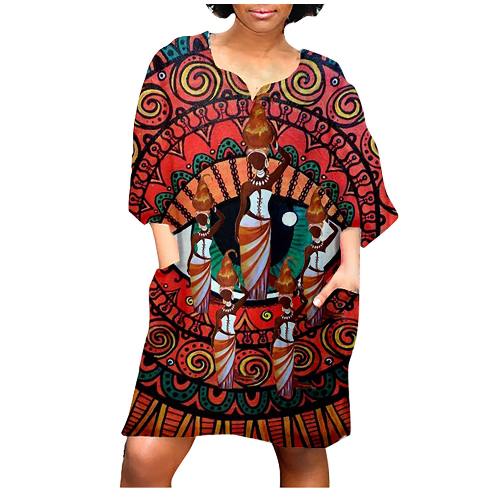Stylish Black Summer Dress for Women - African Fashion Print Vintage Neck Casual Mini Sleeve Dress - Perfect for Beach Vacations, Parties & Casual Outings