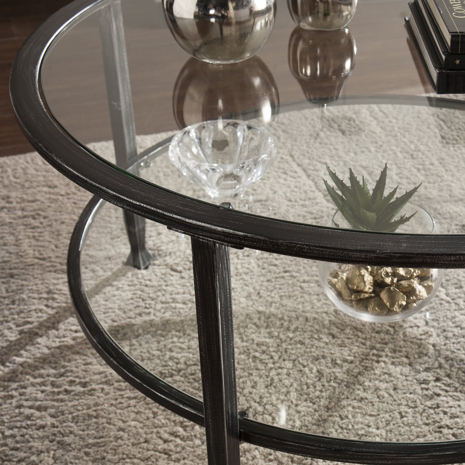 Jaymes Round Metal and Glass Cocktail Table - Black Modern Coffee Table for Living Room, Bar, Lounge, and Office Decor