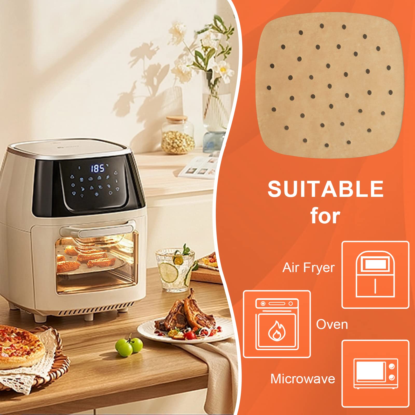 Numola 100 Pcs 9 Inch Square Air Fryer Liners - Disposable Perforated Parchment Paper Sheets for Baking, Non-Stick Steamer Liner for Oven, Microwave & Steaming Basket - Perfect for Healthy Cooking & Meal Prep