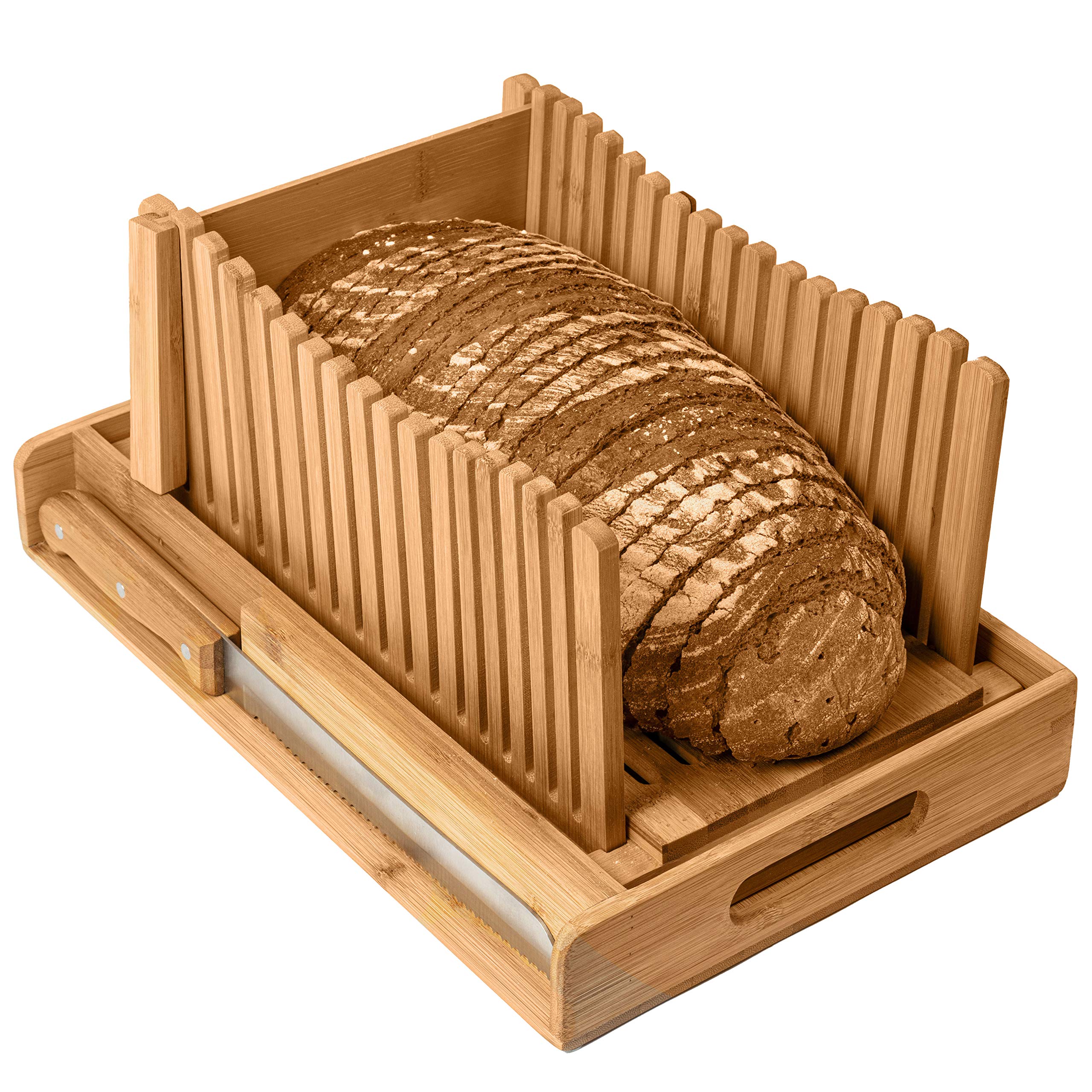 Premium Bamboo Bread Slicer with Crumb Tray - Adjustable 3-Size Bread Cutter for Homemade Bread, Loaf Cakes & Bagels - Compact Foldable Design for Easy Storage - Perfect for Kitchens, Bakeries & Breakfast Prep