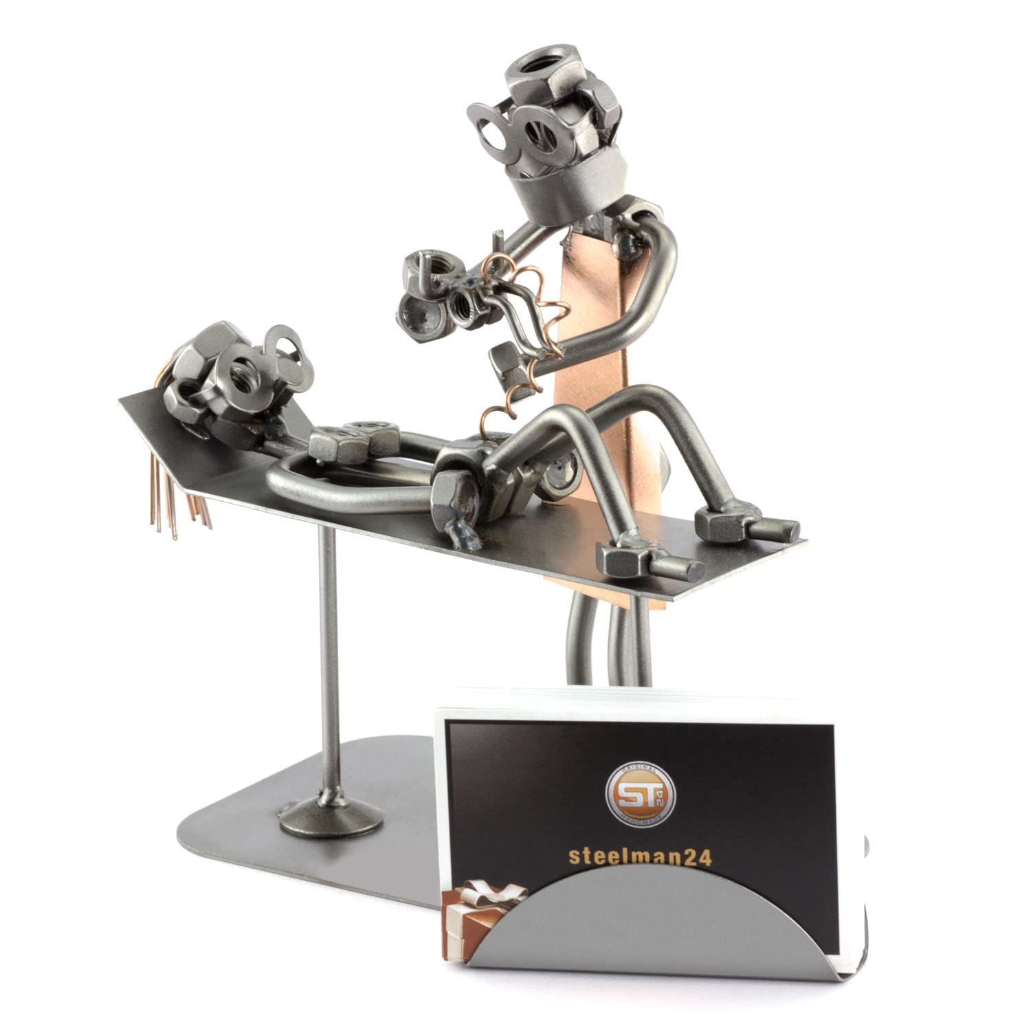 Handmade Midwife Sculpture with Personalized Engraving - Metal Nuts & Bolts Figurine with Business Card Holder - German-Made Office Decor for Nurses, Doctors & Healthcare Professionals