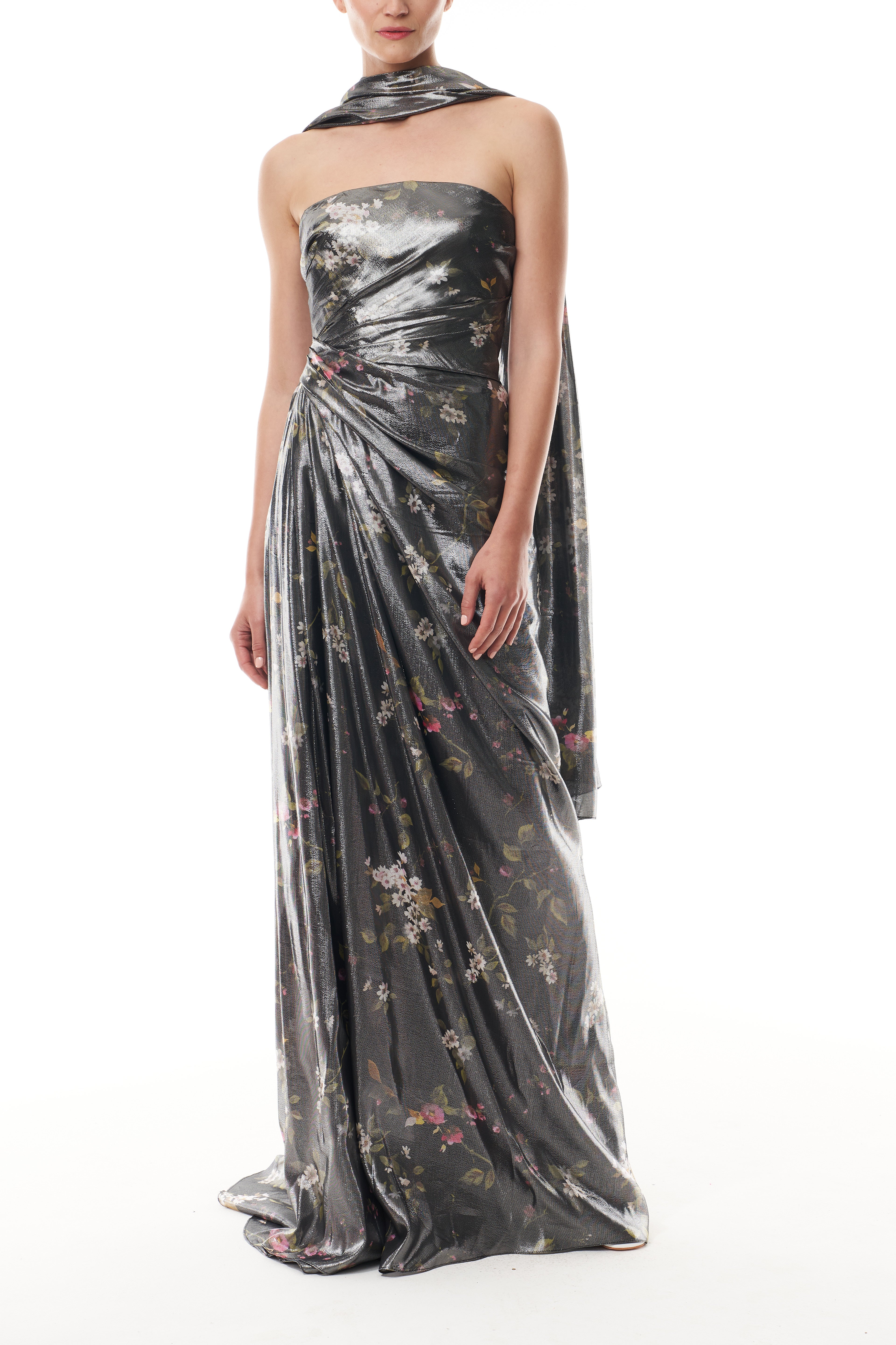 Elegant Metallic Floral Draped Gown for Women - Formal Evening Dress for Prom, Wedding & Special Occasions