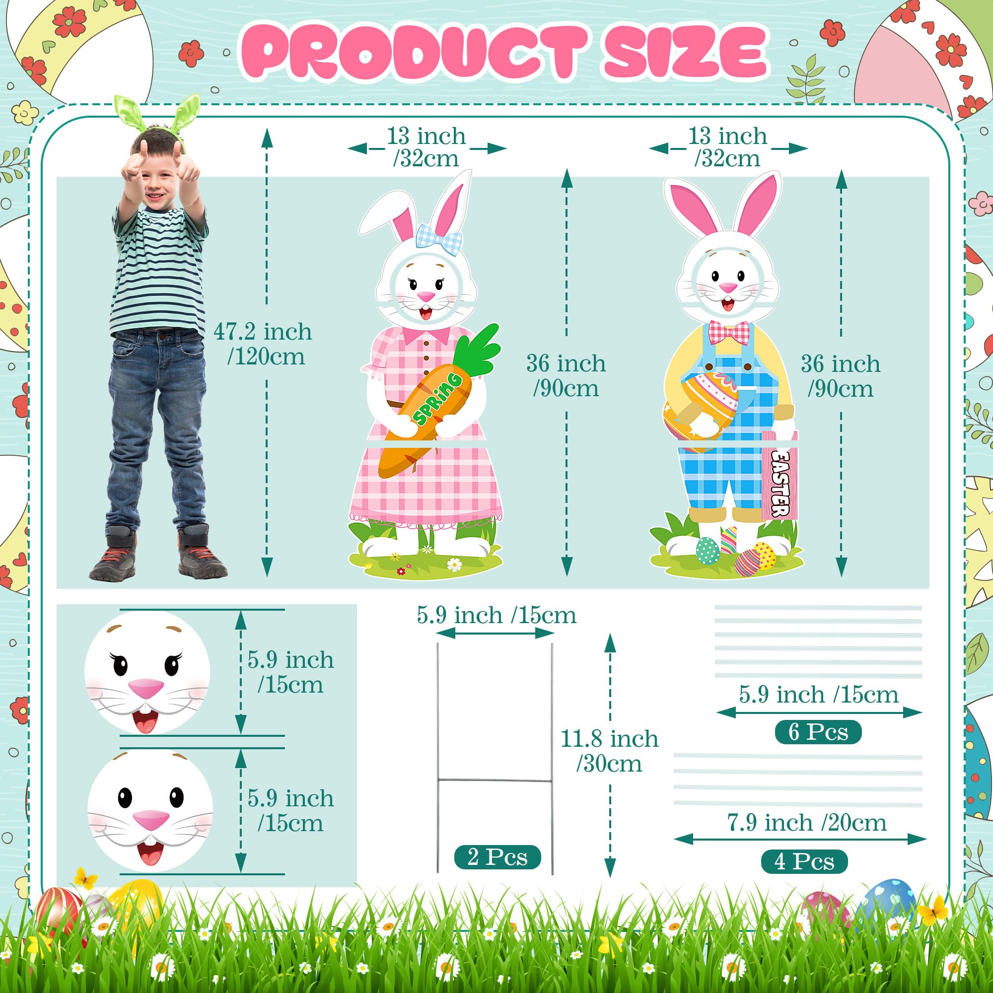 Meonum 2 Pack Large 36'' Easter Bunny Yard Signs with Stakes - Waterproof Funny Photo Props for Easter Egg Hunt, Spring Holiday, Lawn & Garden Decor - Perfect for Outdoor Easter Party Decorations and Backyard Photo Booth Scenes