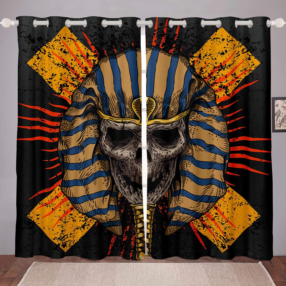 Egyptian Skeleton King Mummy Black & Yellow Gothic Window Curtains - 2 Panels Set (104
