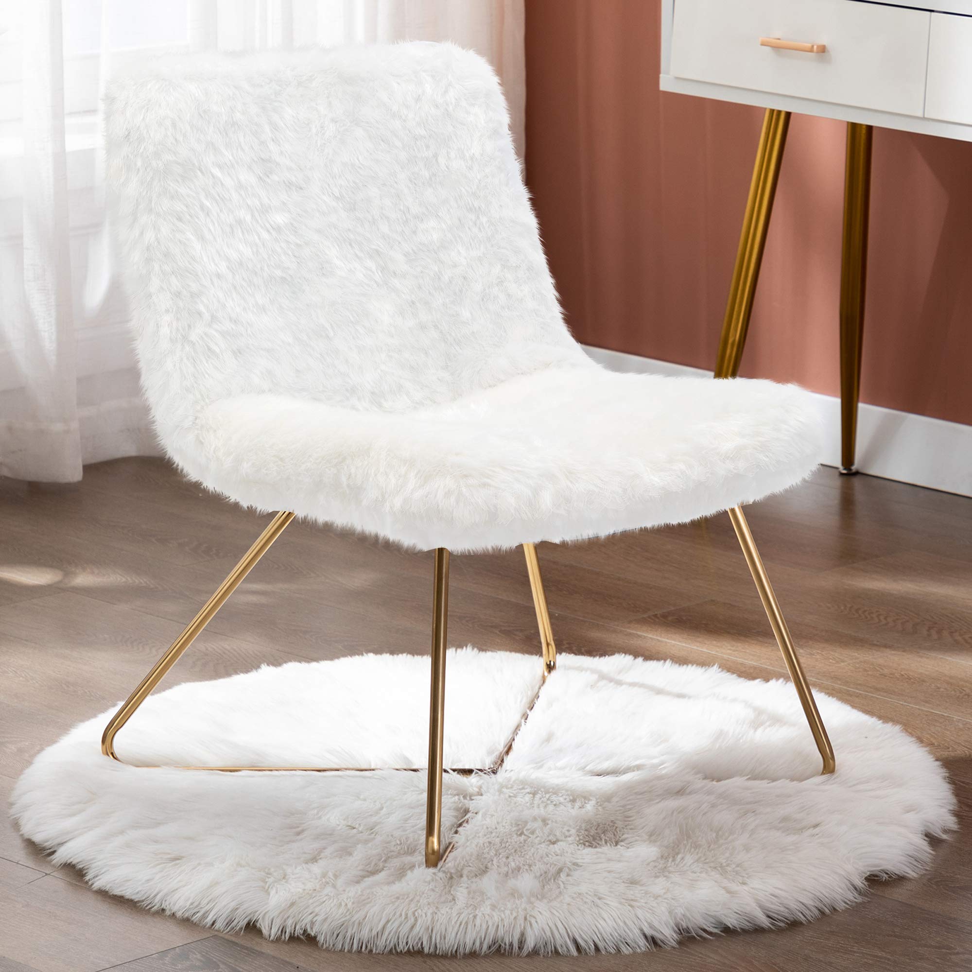 DUHOME White Faux Fur Upholstered Accent Chair - Modern Living Room & Office Desk Chair with Gold Metal Legs - Perfect for Cozy Home Decor, Reading Nook & Workspace