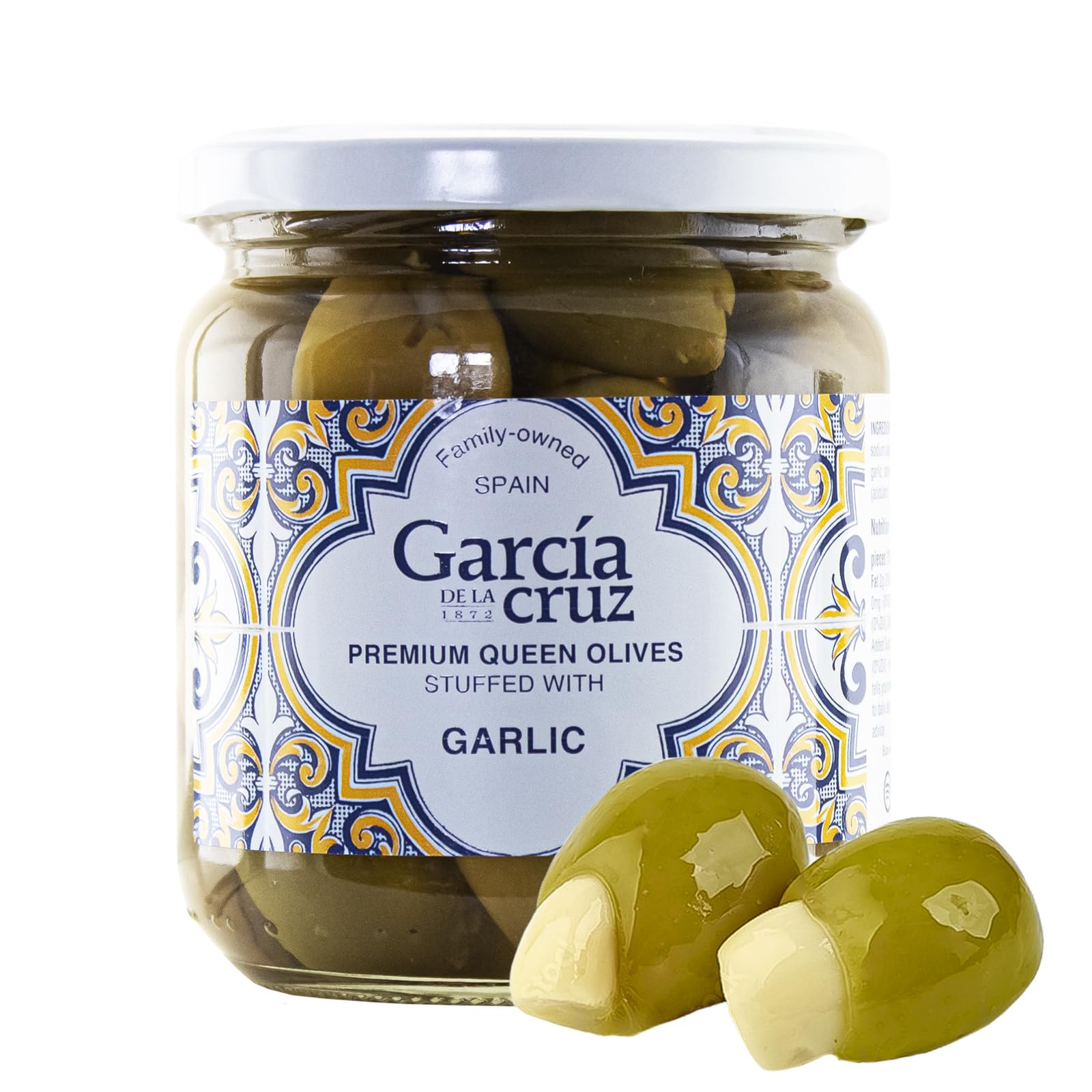 Premium Spanish Garlic Stuffed Queen Olives - Gourmet Stuffed Olives for Charcuterie Boards, Salads & Cocktails - 100% Natural Imported Olives