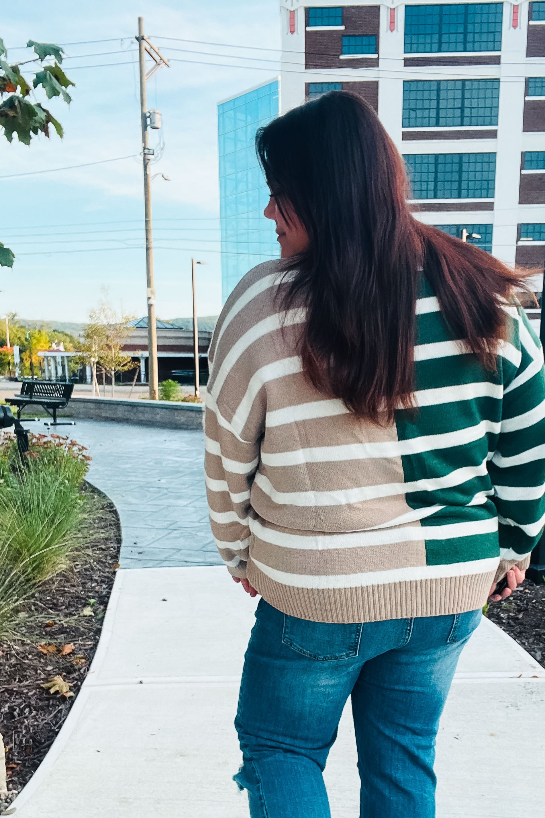 Hunter Green & Taupe Striped Color Block Sweater for Women | Cozy Knit Pullover | Fall Winter Fashion | Casual Office Wear & Weekend Outfits