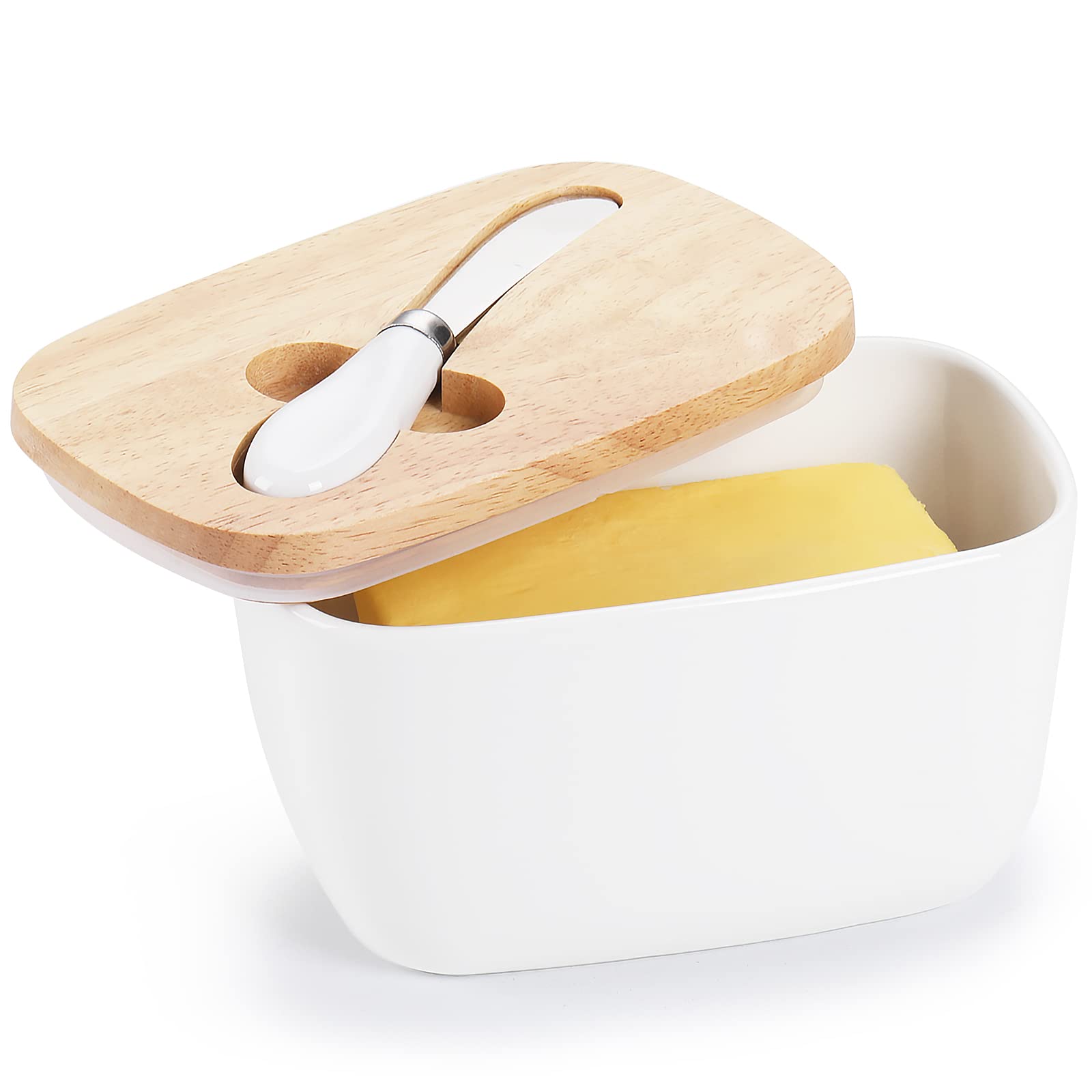 Premium Large Ceramic Butter Dish with Silicone Seal - Natural Wood Lid & Stainless Steel Butter Knife Included | Countertop Butter Keeper for Fresh Storage | Ideal for Kitchen Decor, Housewarming & Wedding Gifts (White, Extra Capacity)