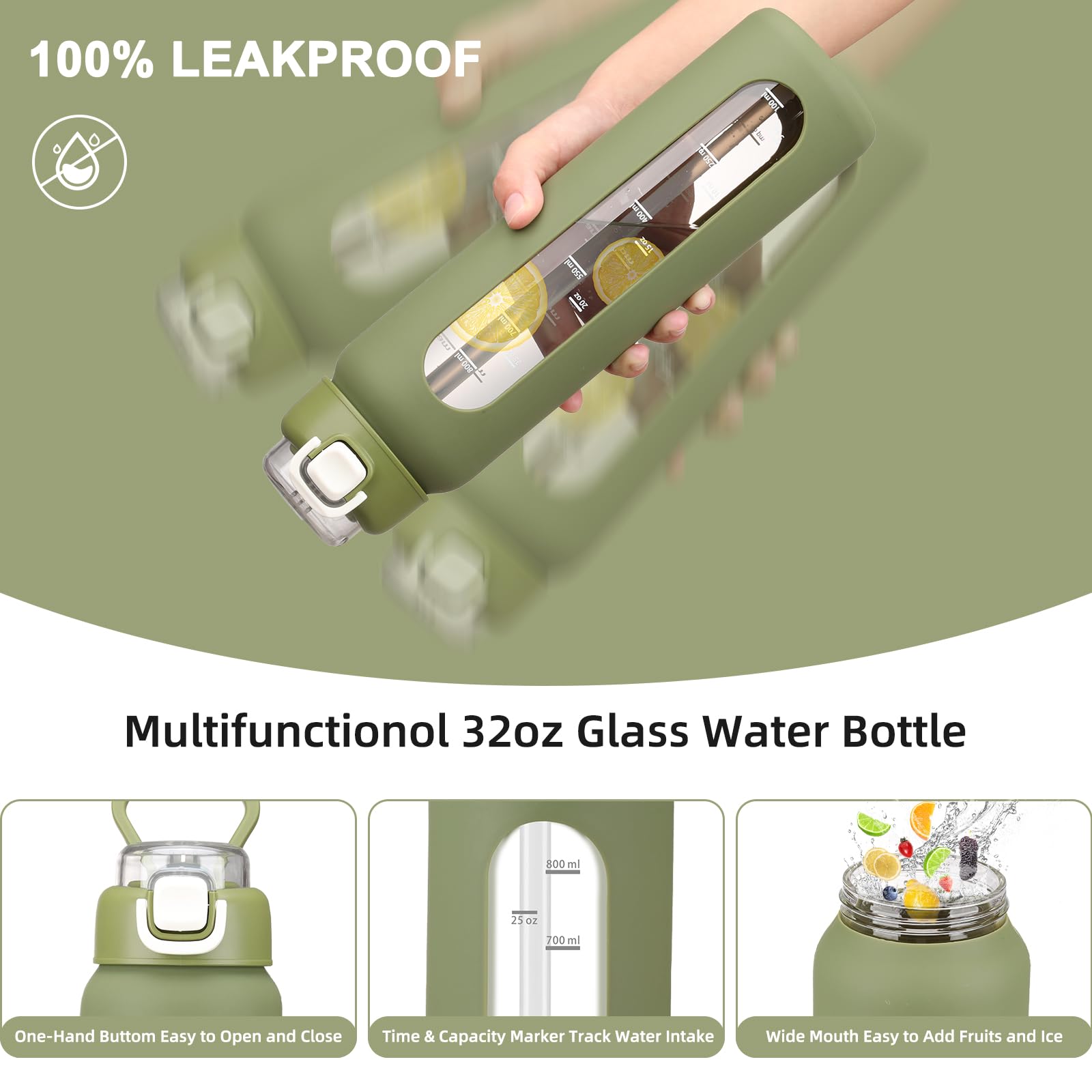 32 oz Motivational Glass Water Bottle with Time Marker - 1 Liter Borosilicate Leakproof Water Bottle with 2 Lids (Handle Spout & Straw Lid) & Silicone Sleeve - Army Green - Perfect for Gym, Hiking, Office & Outdoor Activities - 1 Pack