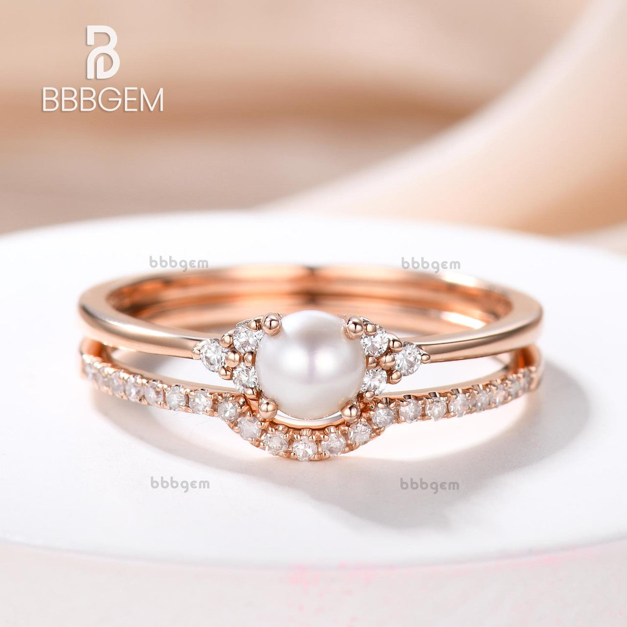 Rose Gold Pearl & Diamond Engagement Ring Set - Vintage Art Deco Bridal Stacking Rings for Women, Anniversary & Birthstone Gift (2-Piece Set) | Perfect for Weddings, Proposals & Special Occasions