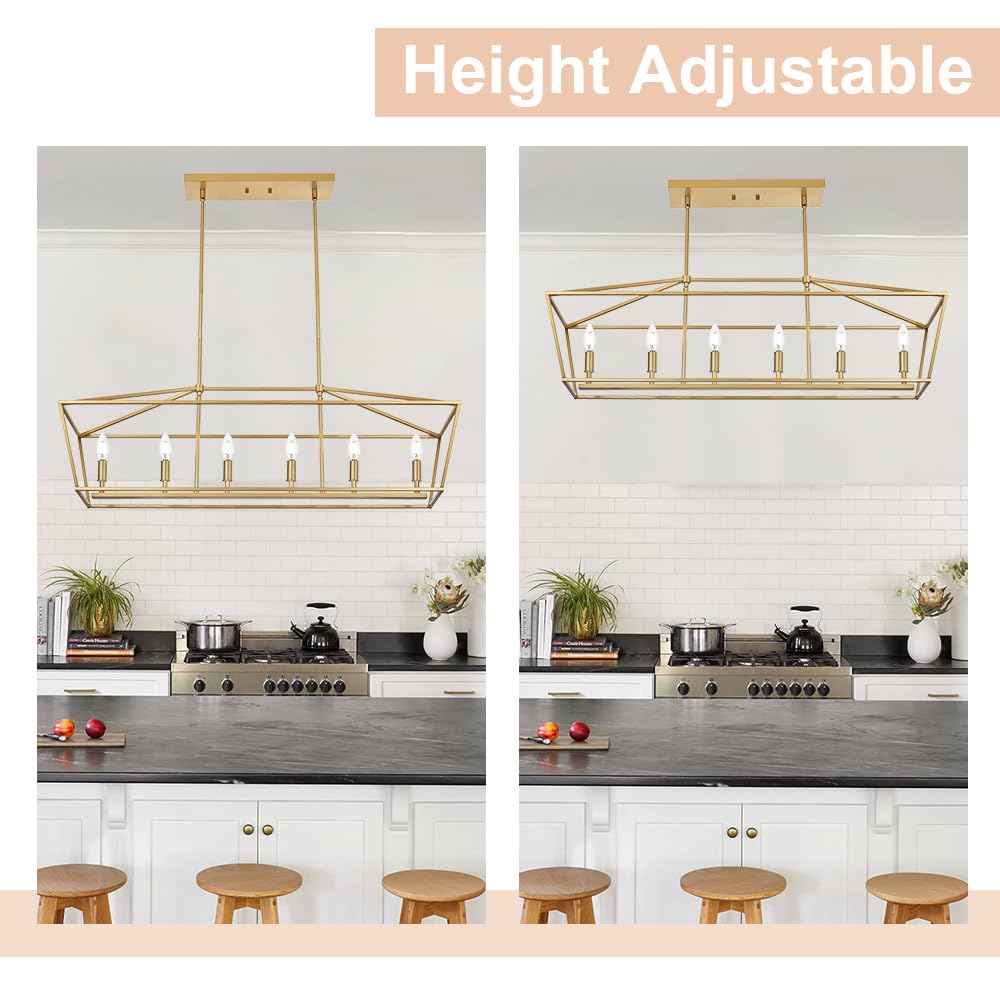 6-Light Gold Linear Chandelier - Modern Kitchen Island Lighting & Dining Room Pendant Light with Golden Finish - Perfect for Kitchen Counter, Dining Table, Living Room and Bedroom Decor