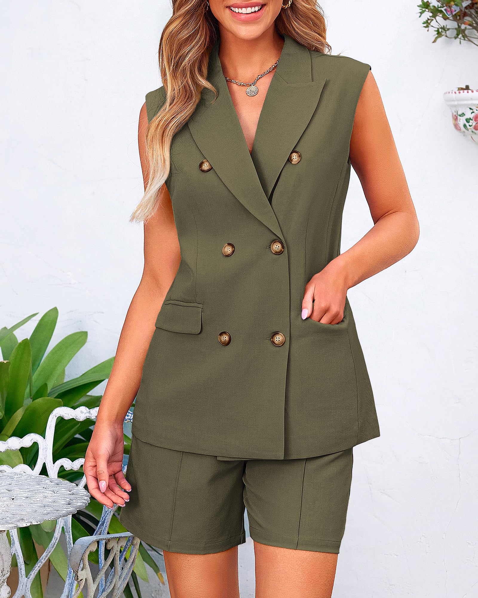 BTFBM Women's 2-Piece Blazer Vest & Shorts Set - Lapel Neck Sleeveless Button Down Office Wear for Summer | Casual Lounge Matching Outfit for Work, Travel & Date Night
