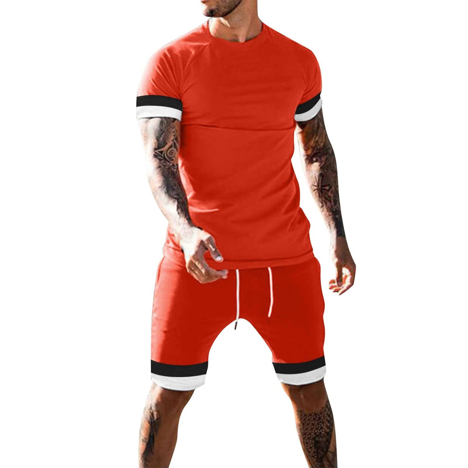 Men's 2-Piece Lounge Tracksuit Set - Summer Beach Shorts & Patchwork Sleeve Shirts - Comfortable Cotton Casual Outfit for Home, Gym, and Vacation