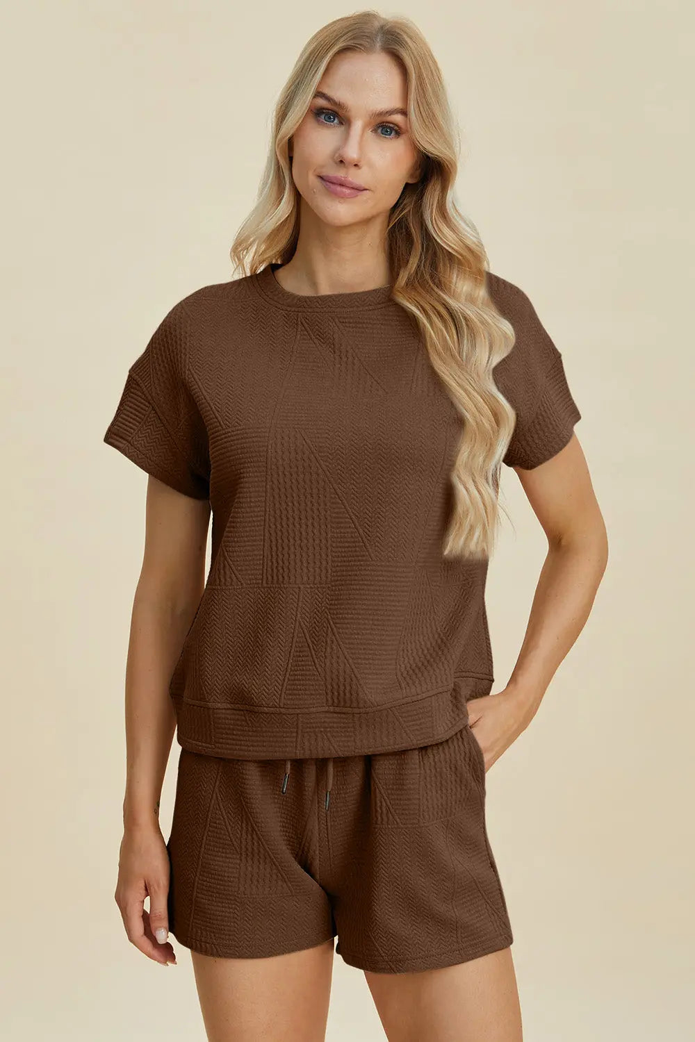 Double Take Full Size Textured Short Sleeve Top & Shorts Set - Women's Casual Summer Outfit for Beach, Yoga & Lounge Wear