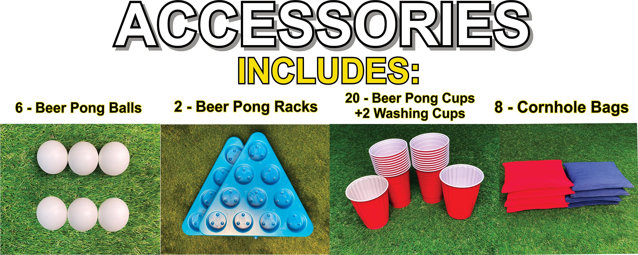 2-in-1 Cornhole & Beer Pong Game Table Set - 8ft Portable Outdoor Party Game for College, Tailgating, Backyard & BBQ | Includes 4x2ft Cornhole Boards, 8 Bags, 22 Cups, 6 Balls & 2 Racks - Perfect for Backyard Parties, Tailgates, Camping & Beach Games