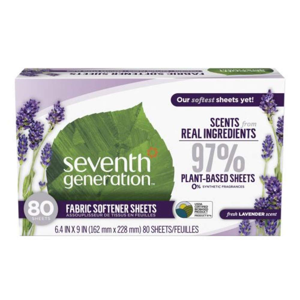 Seventh Generation Lavender Scented Fabric Softener Sheets - 1 Box (80 Count) | Hypoallergenic, Plant-Based | For Laundry, Clothes & Linens | Eco-Friendly & Gentle on Skin