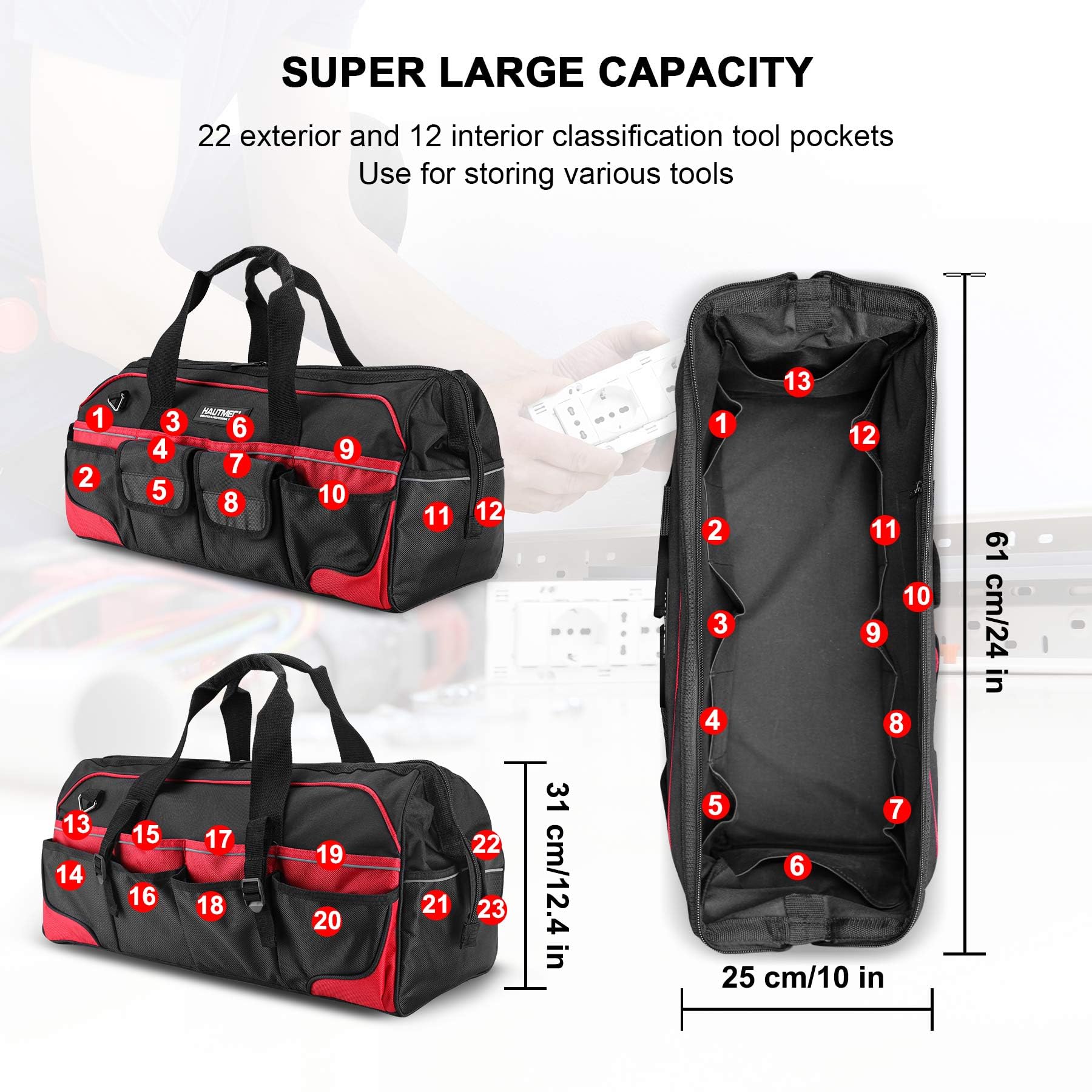 HAUTMEC 24 Inch Large Heavy Duty Tool Bag - 1680D Wide Mouth Tool Box Organizer with 36 Pockets, Level Holder & Removable Shoulder Strap - Portable Utility Bag for Men - Perfect for Construction, Plumbing, Electricians & DIY Projects (HT0284-TB)
