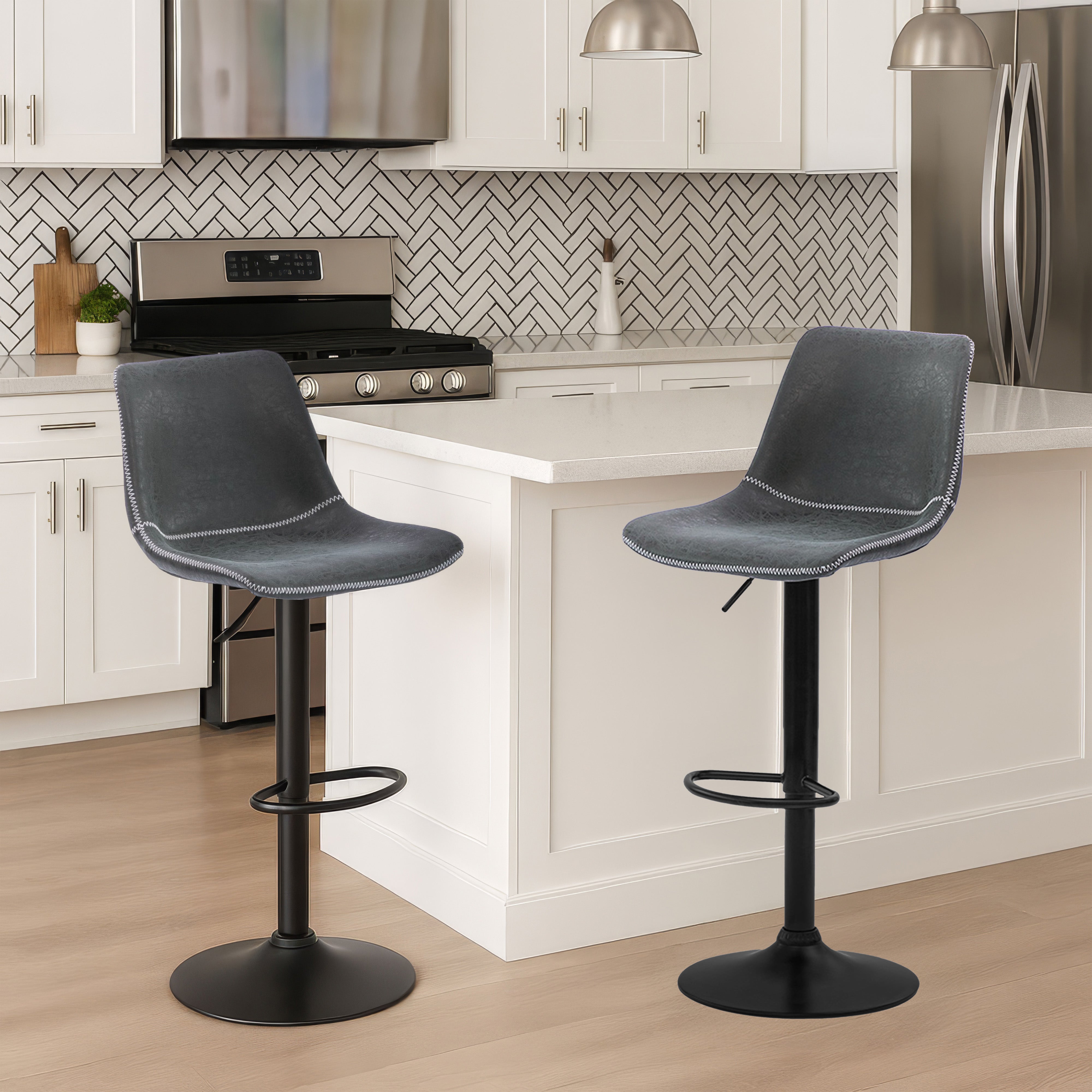 Urban Style Gary Bar Stools - Set of 2 Black PU Seat Gas Lift Height Adjustable Metal Barstools for Kitchen Island, Home Bar & Breakfast Nook