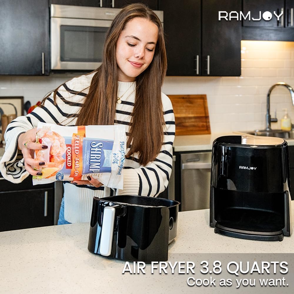 3.8QT Digital Air Fryer for 1-2 People - 8-in-1 Functions (Air Fry, Roast, Bake, Broil) with Preheat & Shake Reminder, Nonstick Dishwasher-Safe Basket - Compact Black Air Fryer for Healthy Cooking, Small Kitchen & Apartment Living