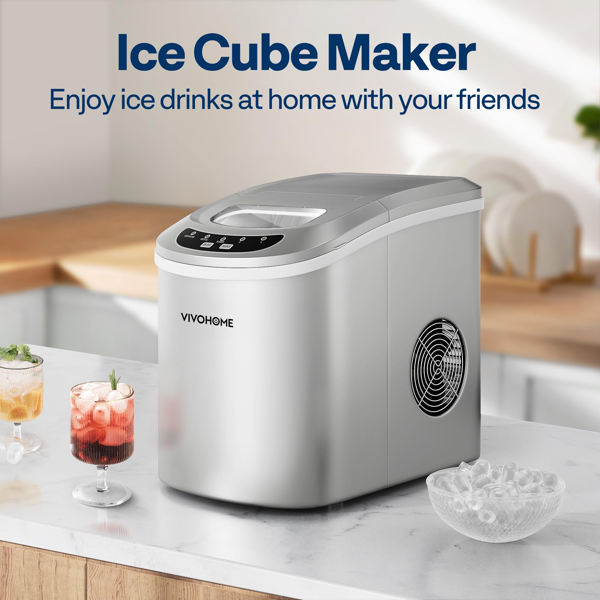 VIVOHOME 26lbs/Day Portable Electric Ice Maker Machine - Compact Countertop Automatic Ice Cube Maker with Self-Cleaning Function & Scoop - Perfect for Home, Office, RV, and Parties (Silver)