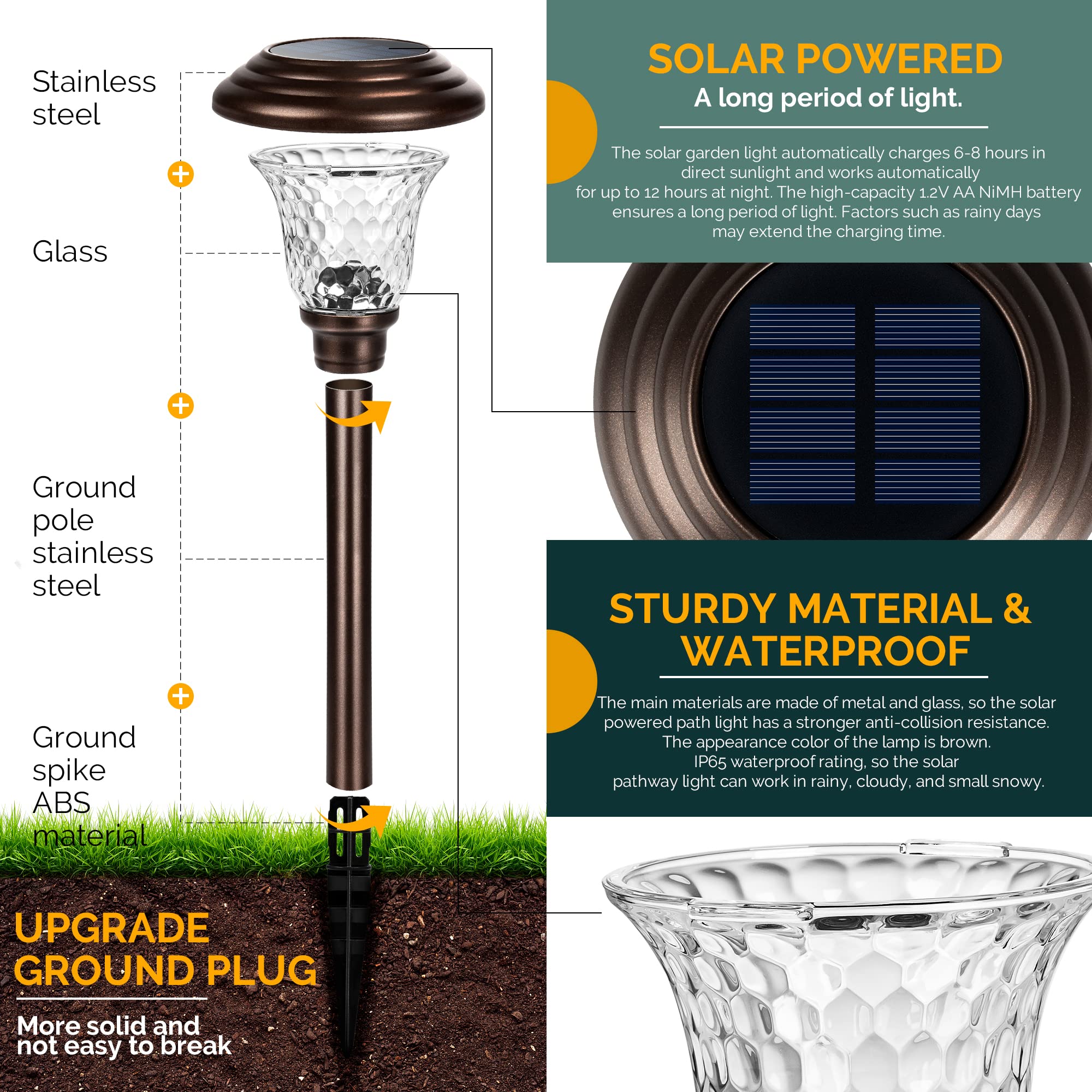 GIGALUMI 8 Pack Solar Pathway Lights Outdoor - Waterproof LED Garden Lights for Yard, Patio, Walkway & Landscape - Warm White Solar Powered Path Lighting (Brown) | Perfect for Driveway, Backyard, Deck & Garden Decor