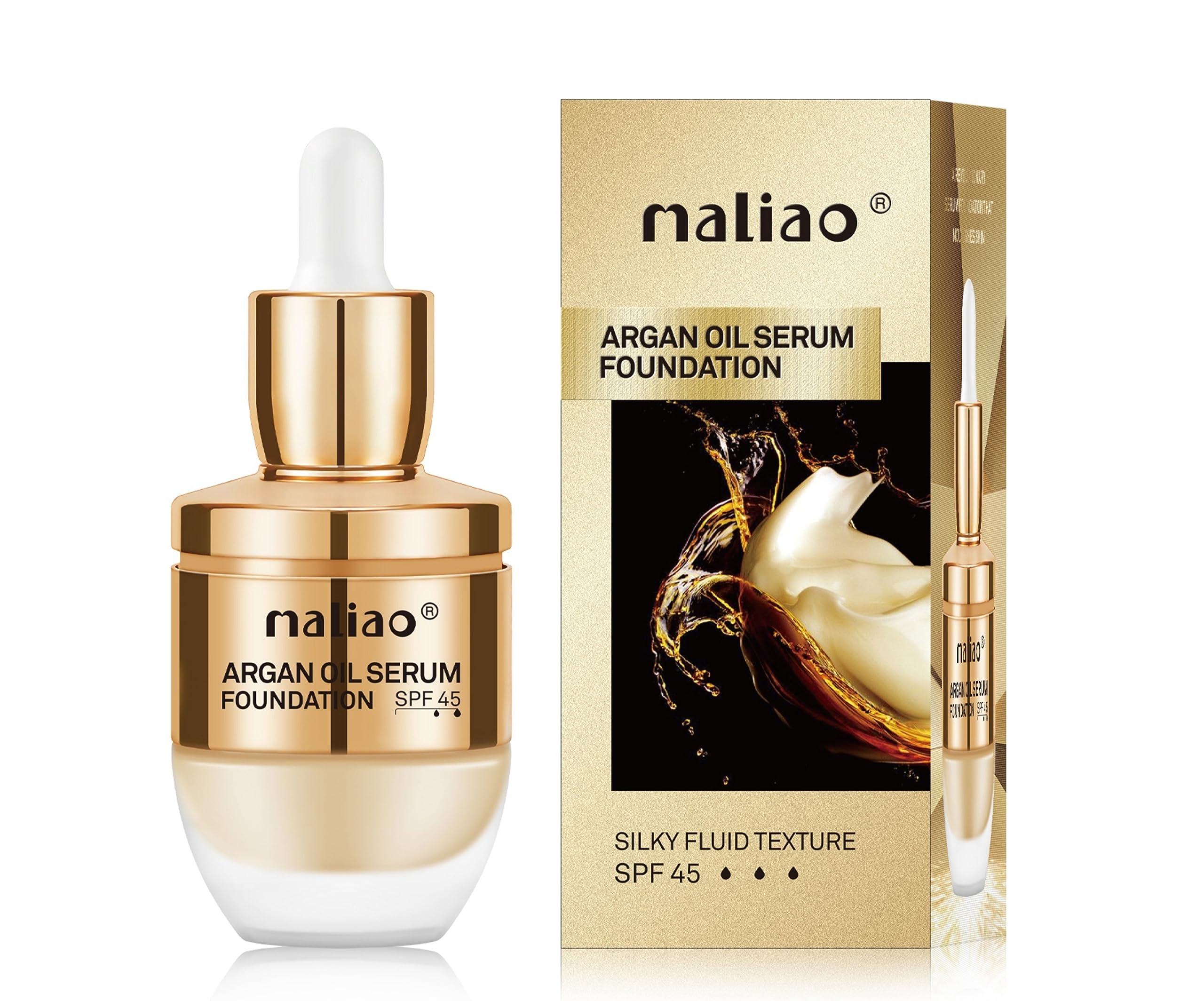 Maliao Argan Oil Serum Foundation SPF 45 - Hydrating, Anti-Aging & Sun Protection - Soft Ivory Shade for Flawless Coverage - Perfect for Daily Wear & Special Occasions