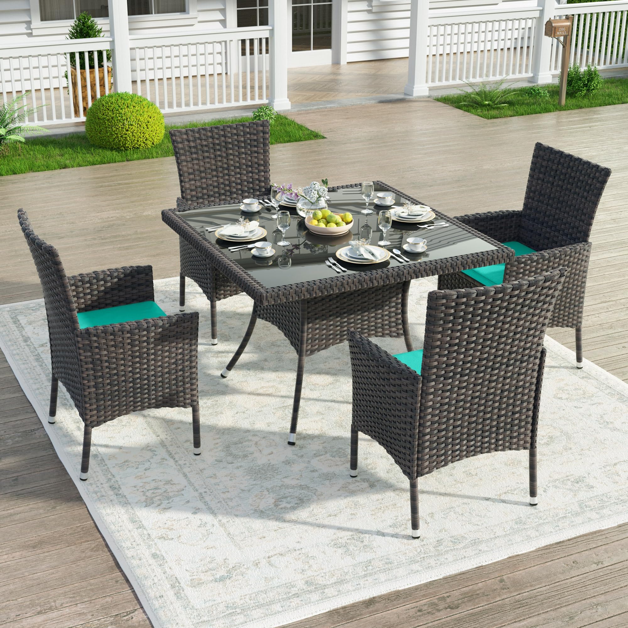 Kullavik 5-Piece Outdoor Dining Set - Patio Rattan Furniture with 4 Chairs & Cushions, Square Glass Tabletop with Umbrella Hole - Perfect for Patio, Backyard, Garden, Poolside & Outdoor Entertaining - Blue