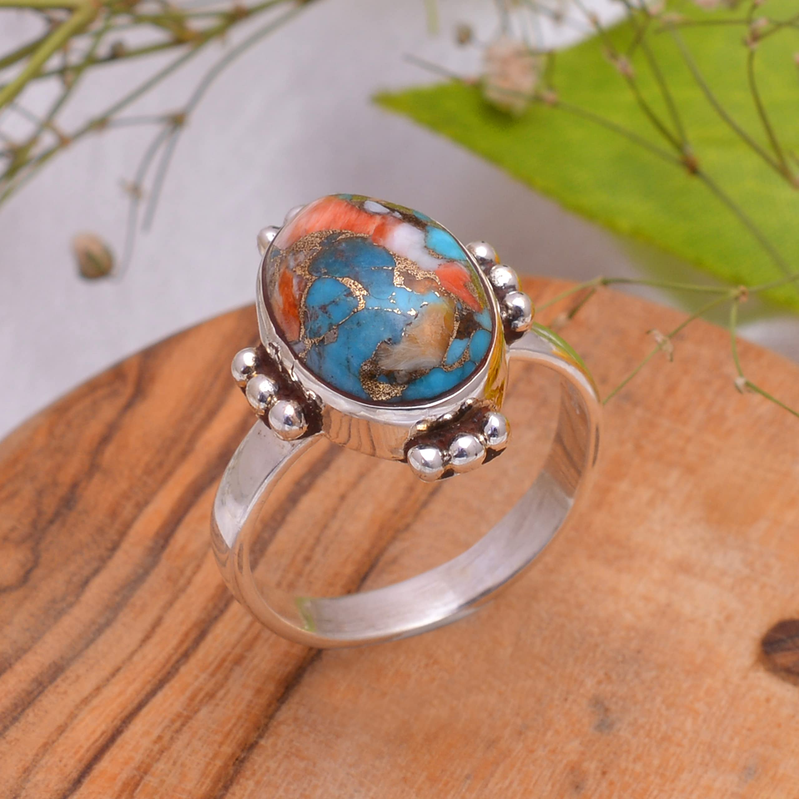 Veracity Jewelry 925 Sterling Silver Oyster Copper Turquoise Rings for Women - Kingman Mojave Mohave Spiny Oyster Healing Meditation Jewelry - Multi-Color Turquoise Ring (VSR-520) - Perfect for Boho Fashion, Spiritual Healing & Everyday Wear