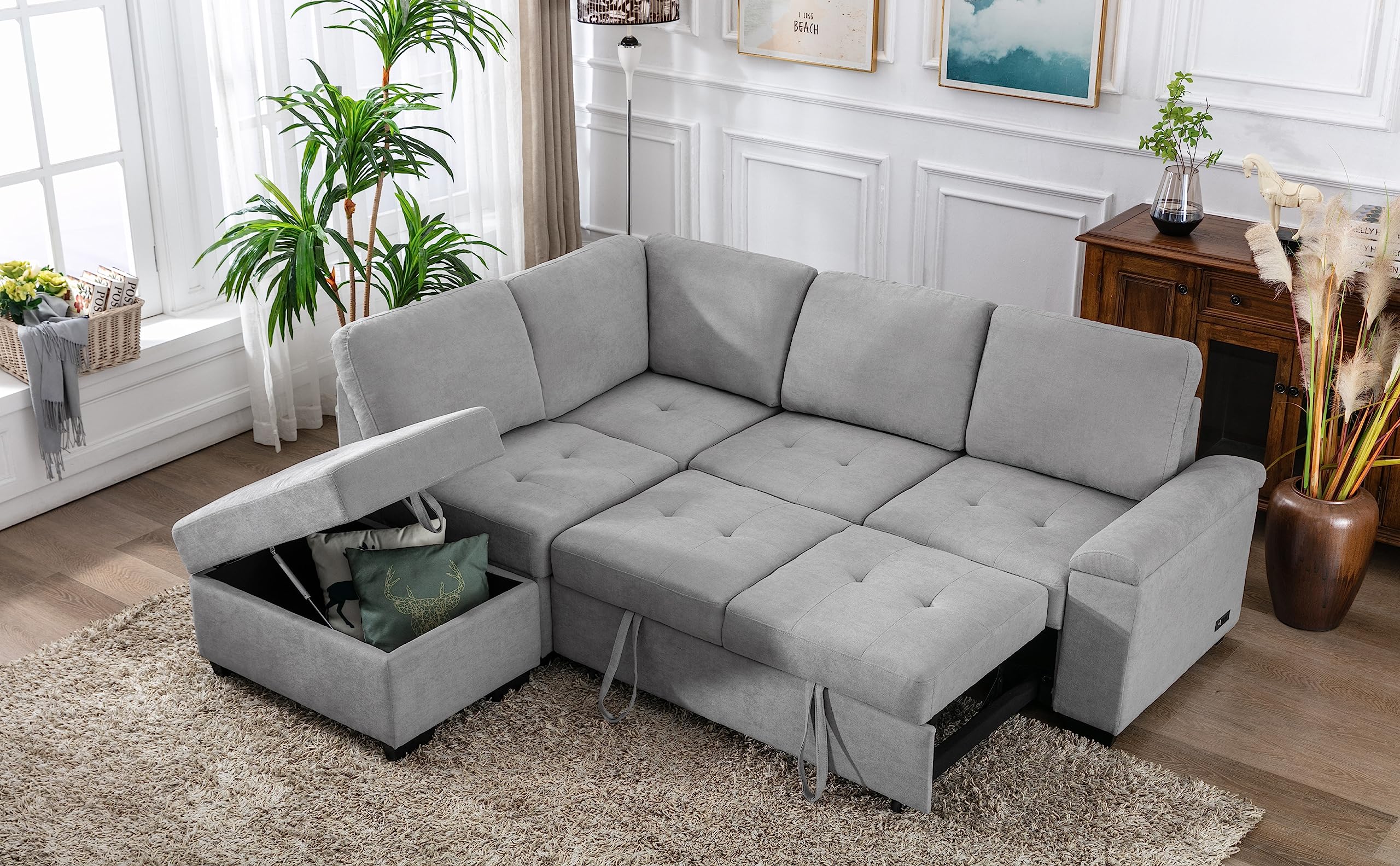 Modern Reversible Sleeper Sectional Sofa - L-Shaped Corner Couch Sofa Bed with Pull Out Bed, Storage Ottoman & Hidden Arm Storage for Living Room, Apartment, Office (Grey) | Perfect for Small Spaces, Guest Rooms & Multi-Functional Home Decor