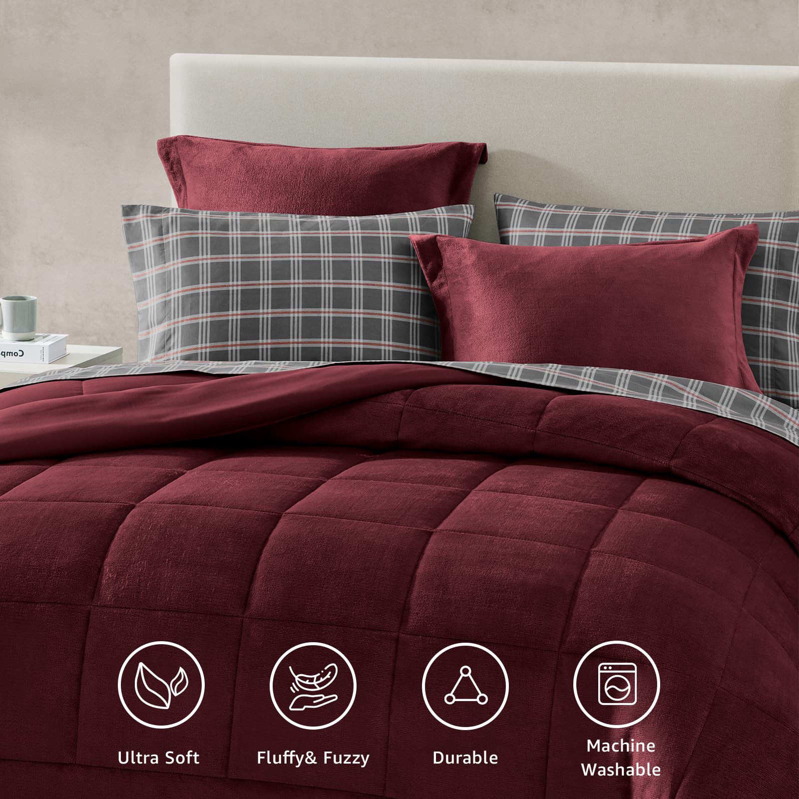 Luxury 7-Piece Queen Comforter Set - Burgundy Red Flannel Velvet Bedding with Comforter, Sheets & Pillowcases | Ultra Soft & Warm Winter Bedding Collection | Perfect for Master Bedroom, Guest Room & Cozy Winter Nights