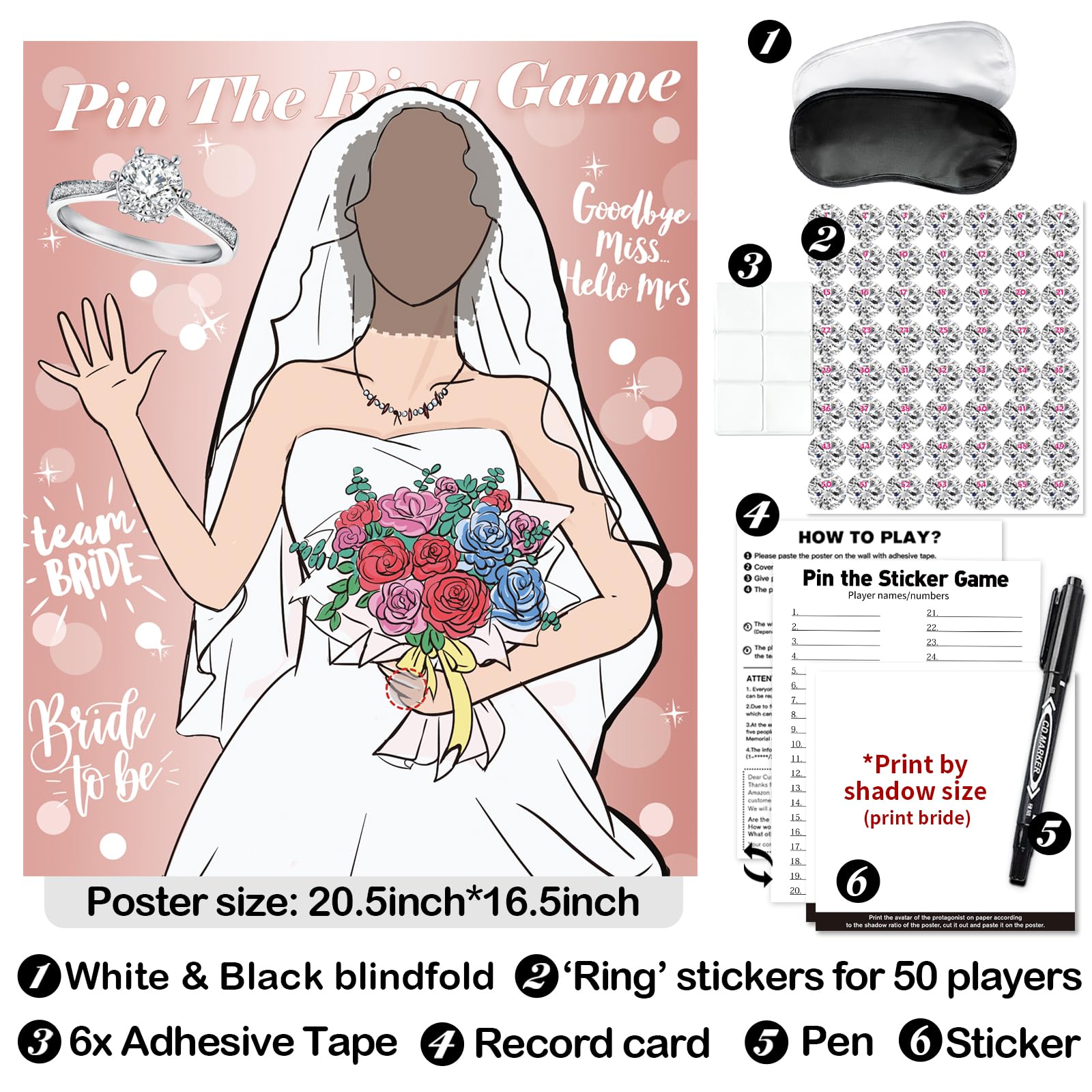 Pin the Ring on the Bride Game - 50-Piece Bridal Shower & Bachelorette Party Favors Set for Wedding Celebrations | Fun Group Activity for Guests