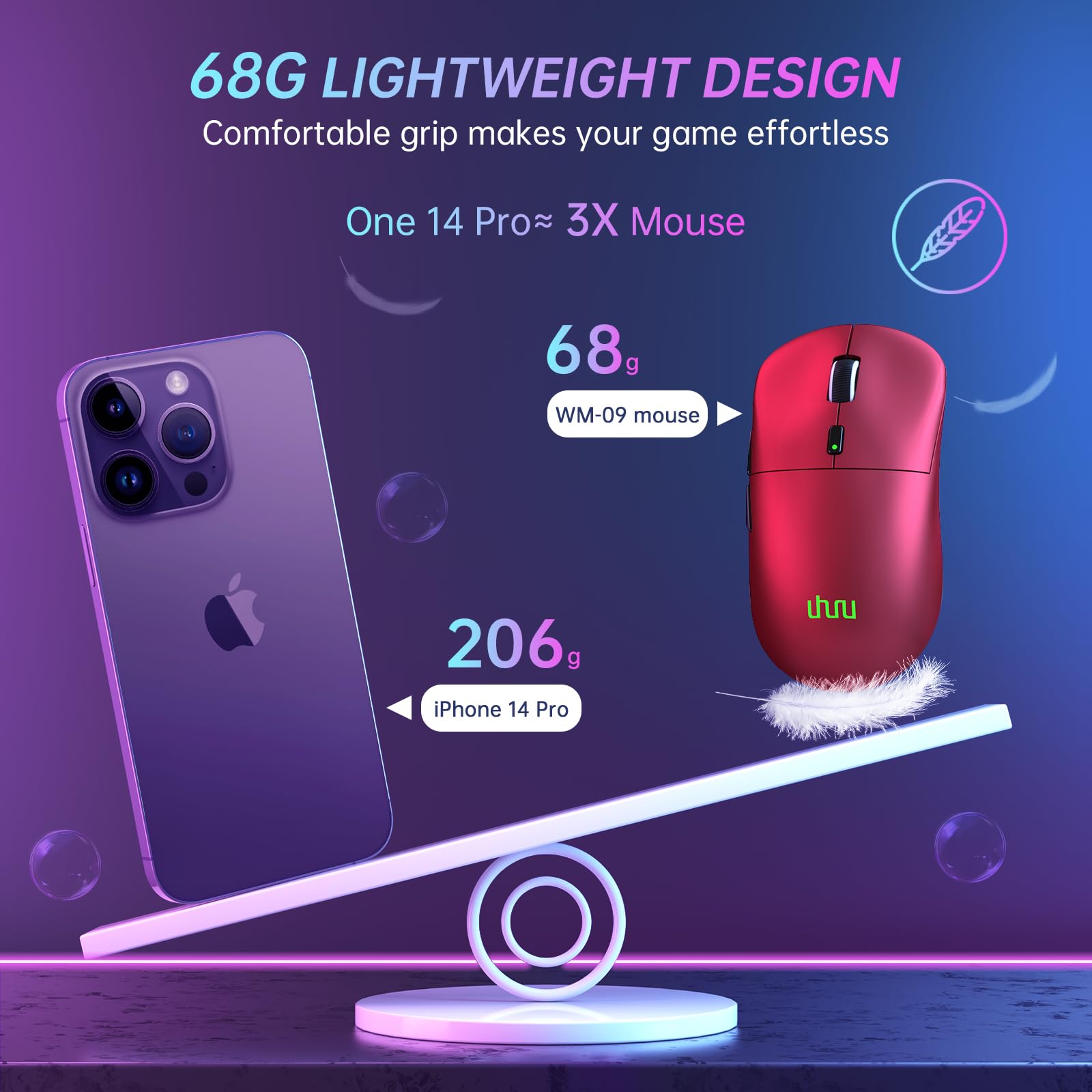 UHURU Wireless Gaming Mouse - 68g Ultra Lightweight RGB Mouse with 26,000 DPI & 6 Programmable Buttons - 70H Rechargeable Battery for PC/Mac (Red, WM-09) - Perfect for FPS, MOBA & Esports Gaming