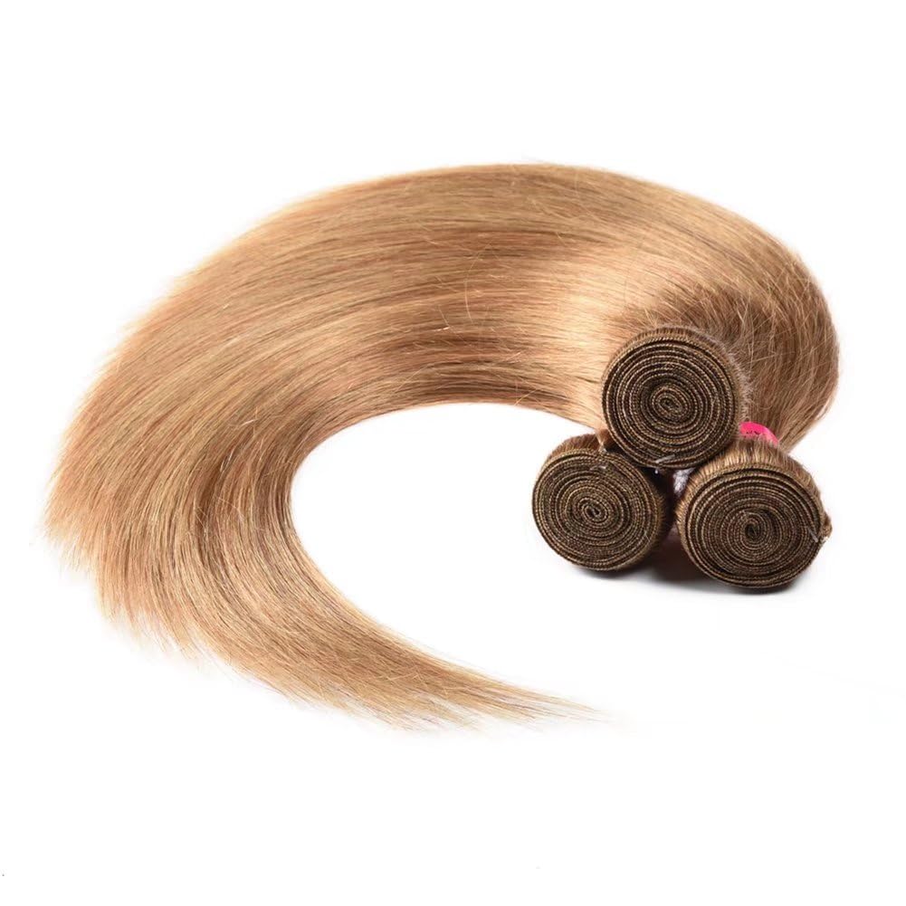 FEEL ME Honey Blonde Brazilian Hair 3 Bundles - Unprocessed Virgin Straight Human Hair Extensions 8A Grade - Color #27 (10 12 14 Inch) - Perfect for Daily Styling, Parties & Special Occasions