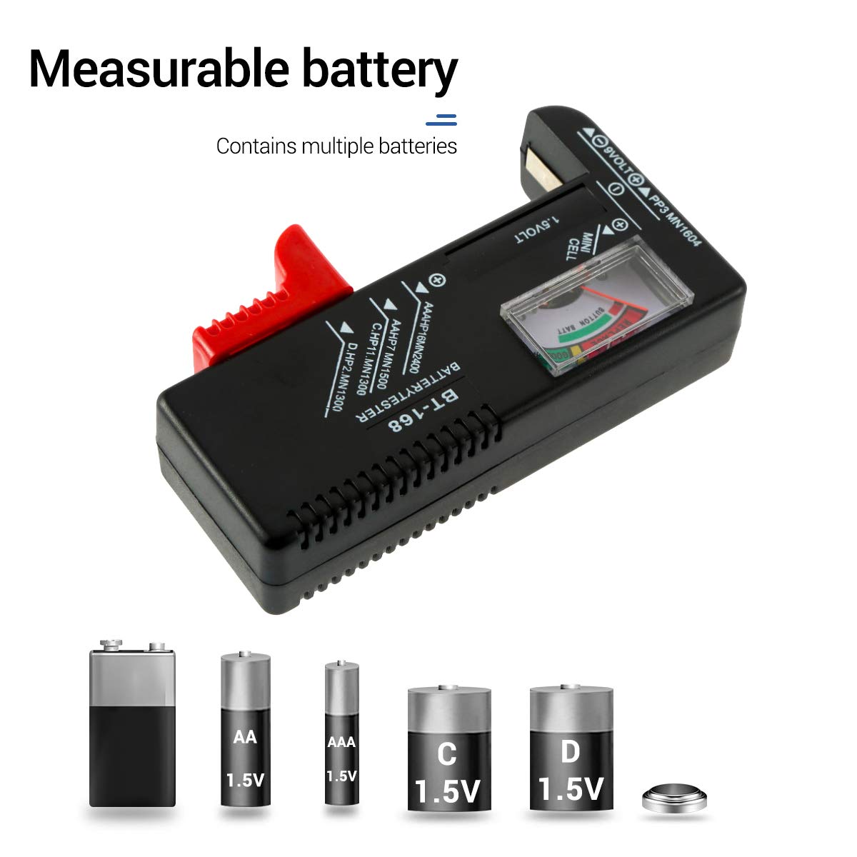 2Pcs Universal Battery Tester - Check AAA, AA, C, D, 9V & 1.5V Button Cell Batteries - Household Battery Voltage Indicator for Flashlights, Toys, Remote Controls & Electronic Devices